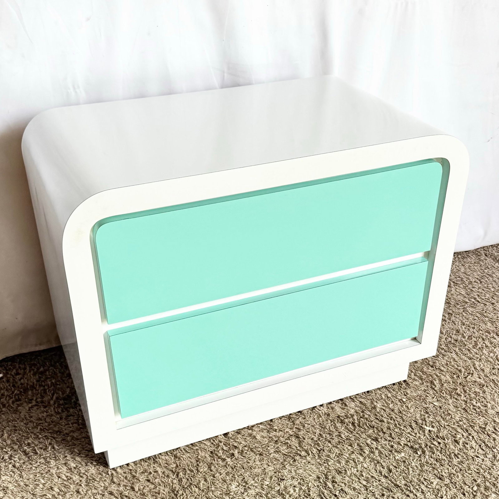1980s Postmodern White and Turquoise Lacquer Laminate Waterfall Nightstand - 2