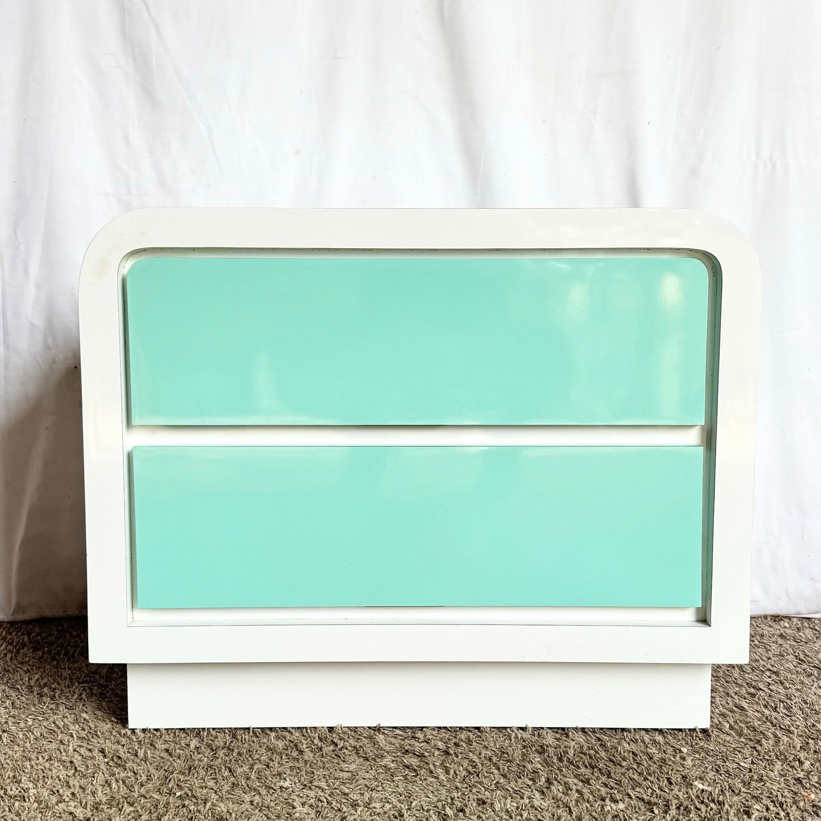 1980s Postmodern White and Turquoise Lacquer Laminate Waterfall Nightstand - 3