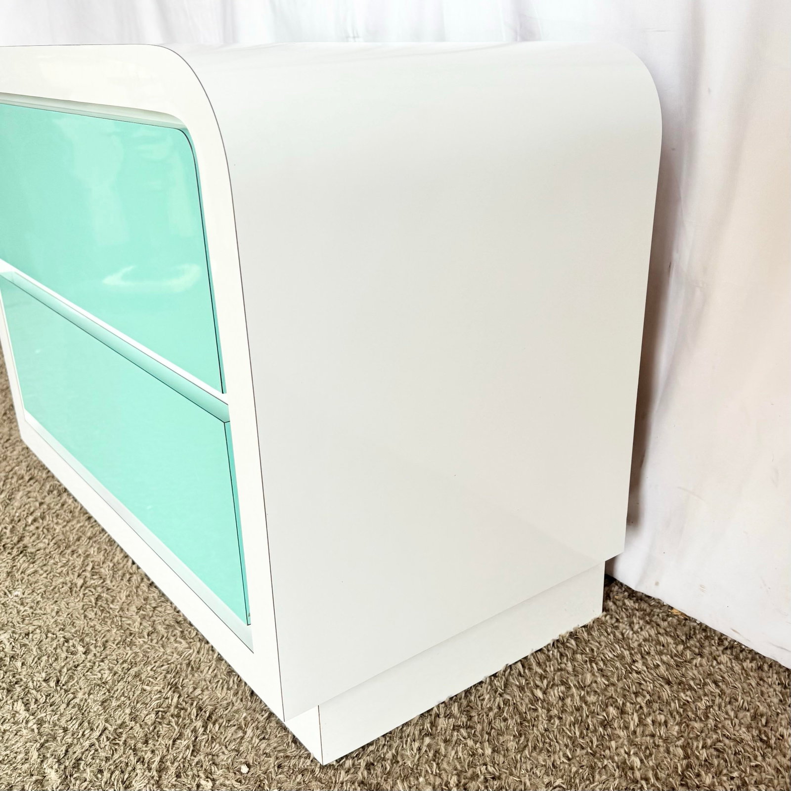 1980s Postmodern White and Turquoise Lacquer Laminate Waterfall Nightstand - 5