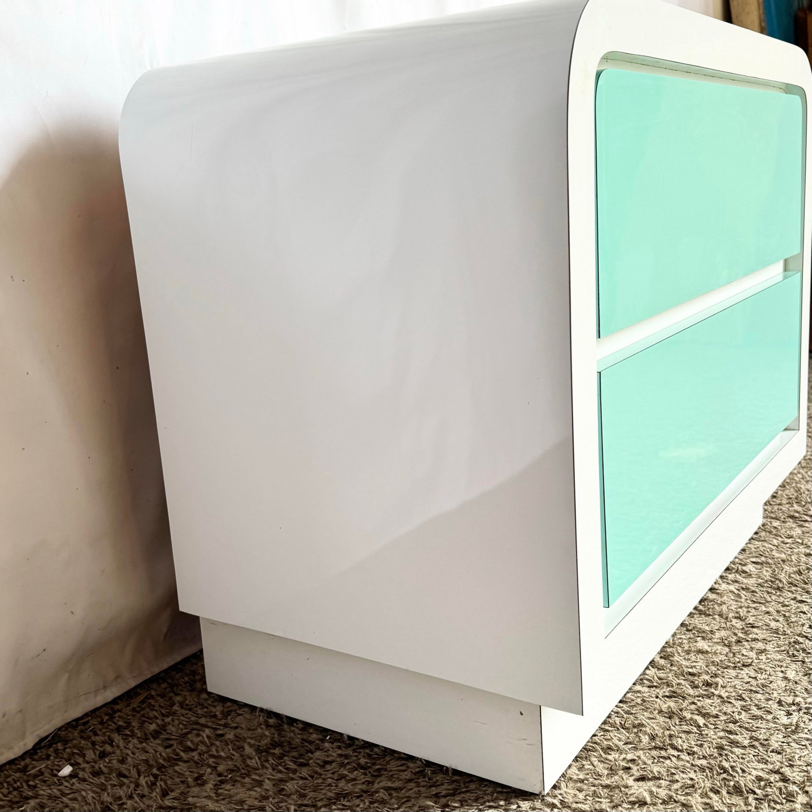 1980s Postmodern White and Turquoise Lacquer Laminate Waterfall Nightstand - 7