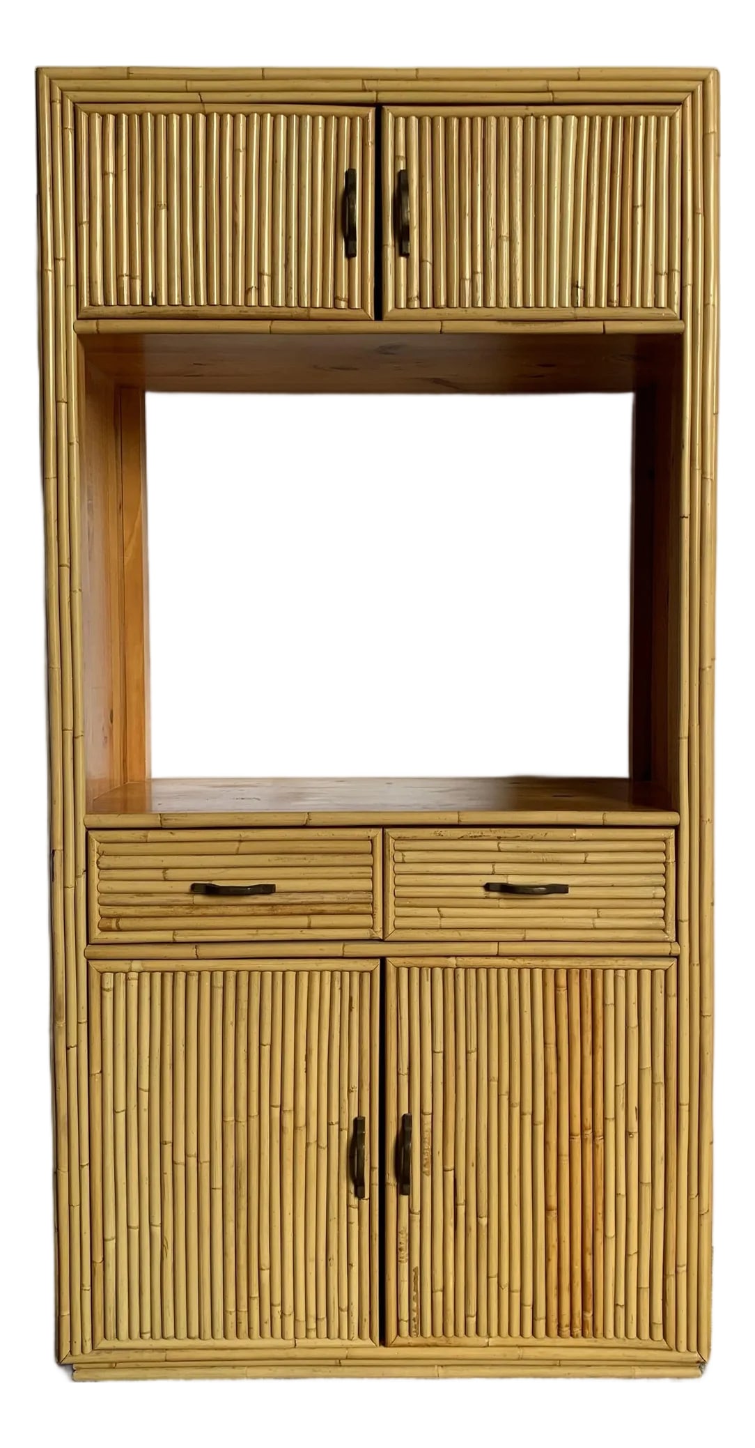 Boho Chic Coastal Bamboo and Wood Etagere/Cabinet: Channeling the breezy elegance of Old Florida, this Boho Chic etagere cabinet features natural bamboo slats over a solid wood frame. With double doors on top and bottom, plus two drawers for storage,
