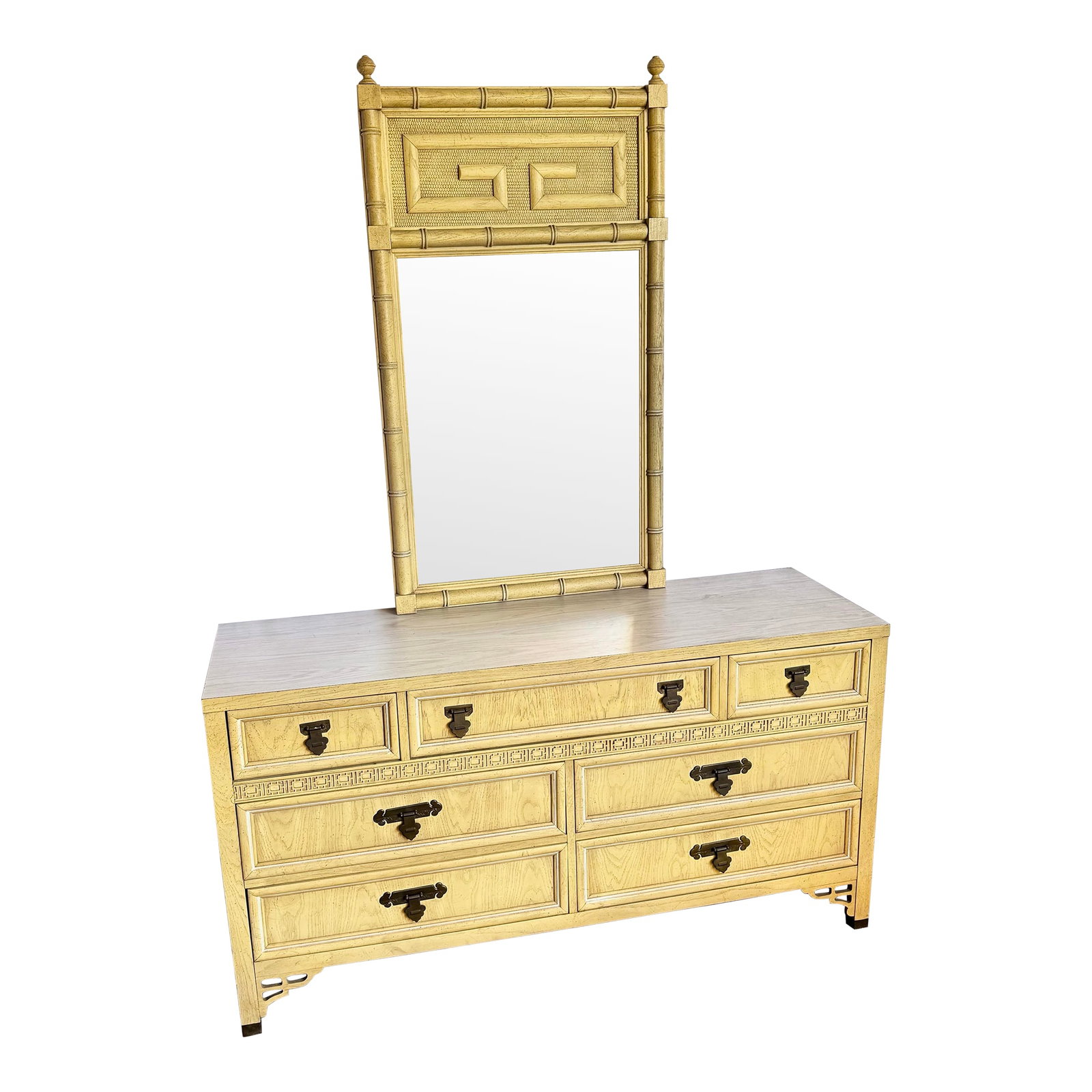 Vintage Chinoiserie "Shanglrila" Dresser With Mirror by Dixie: This vintage Chinoiserie "Shangrila" dresser by Dixie embodies the refined glamour of mid-century Hollywood Regency design. Finished in a softly aged golden tone, the piece features elegant faux