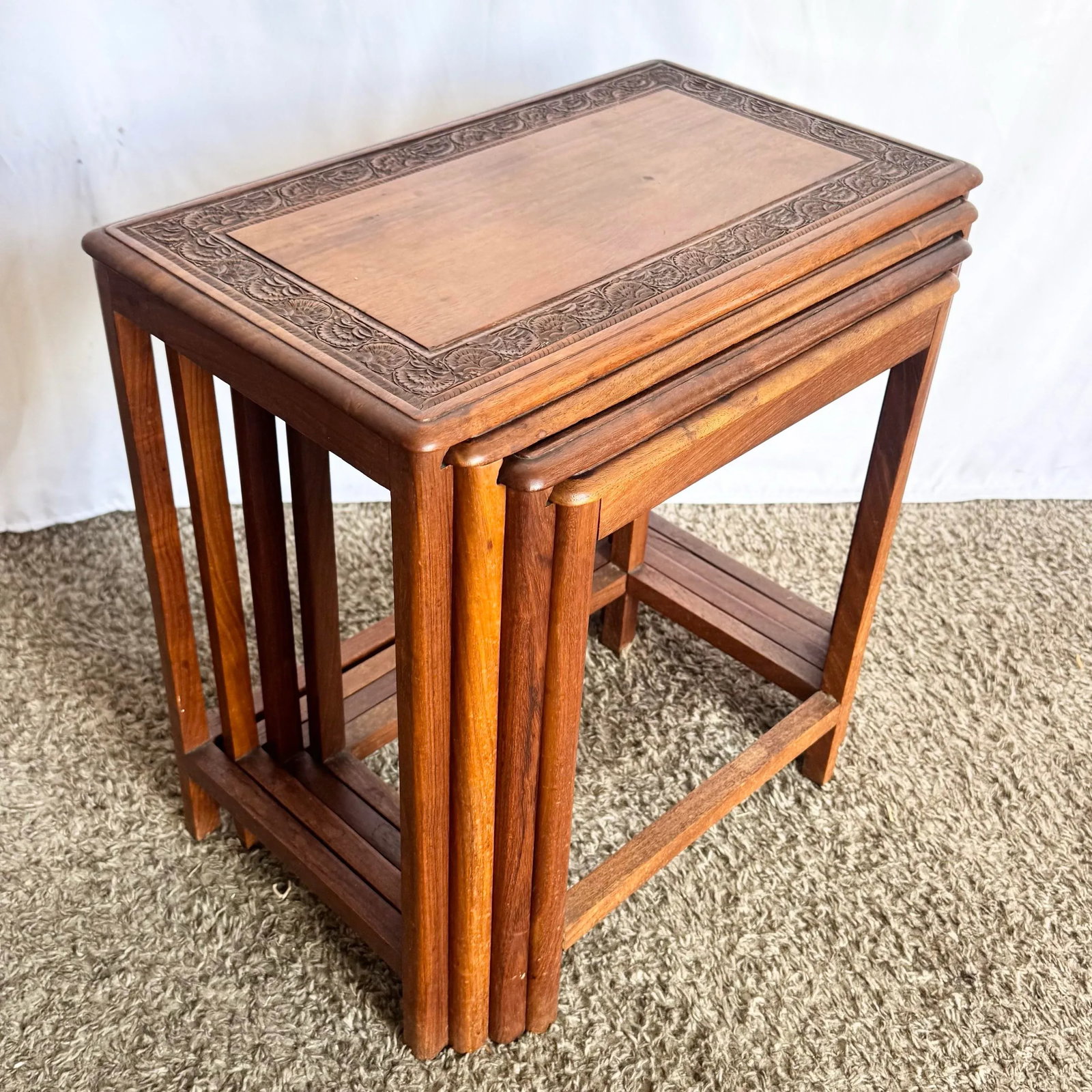 Vintage Indian Carved Hardwood Nesting Tables - Set of 4 - 3