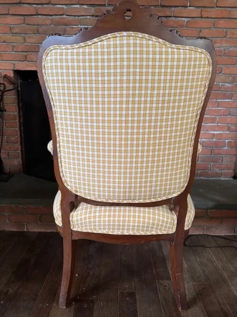 Antique French Louis XV-Style Bergere Chair, Yellow Gingham Upholstery - 2