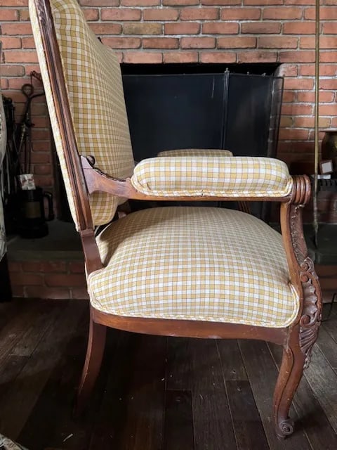 Antique French Louis XV-Style Bergere Chair, Yellow Gingham Upholstery - 3