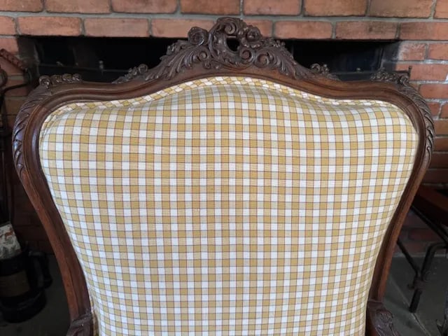 Antique French Louis XV-Style Bergere Chair, Yellow Gingham Upholstery - 4