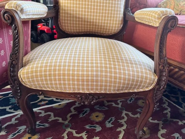 Antique French Louis XV-Style Bergere Chair, Yellow Gingham Upholstery - 5
