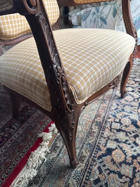 Antique French Louis XV-Style Bergere Chair, Yellow Gingham Upholstery - 6
