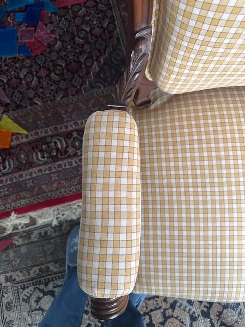 Antique French Louis XV-Style Bergere Chair, Yellow Gingham Upholstery - 7