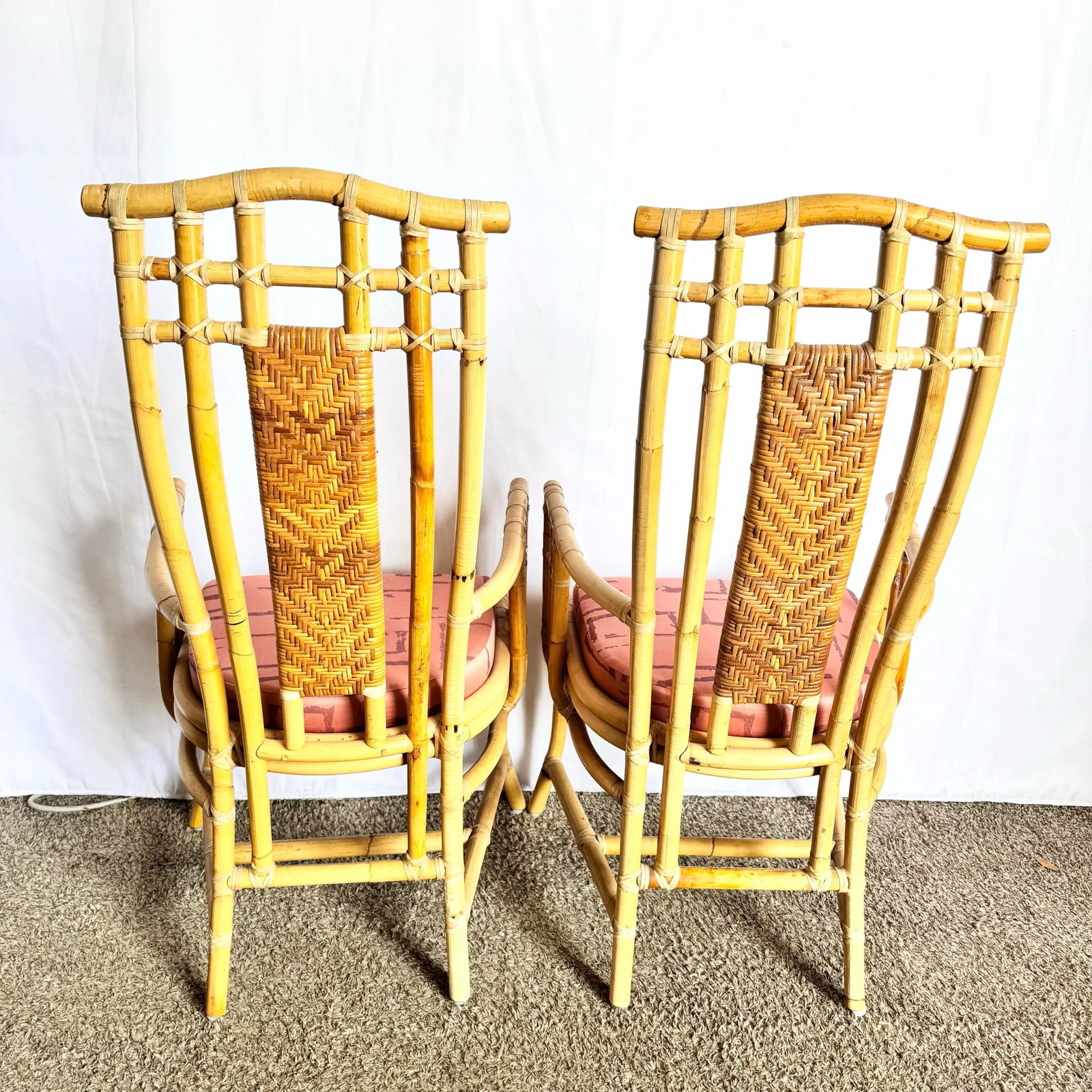 Boho Chic Rattan and Wicker High Back Dining Arm Chairs - 10