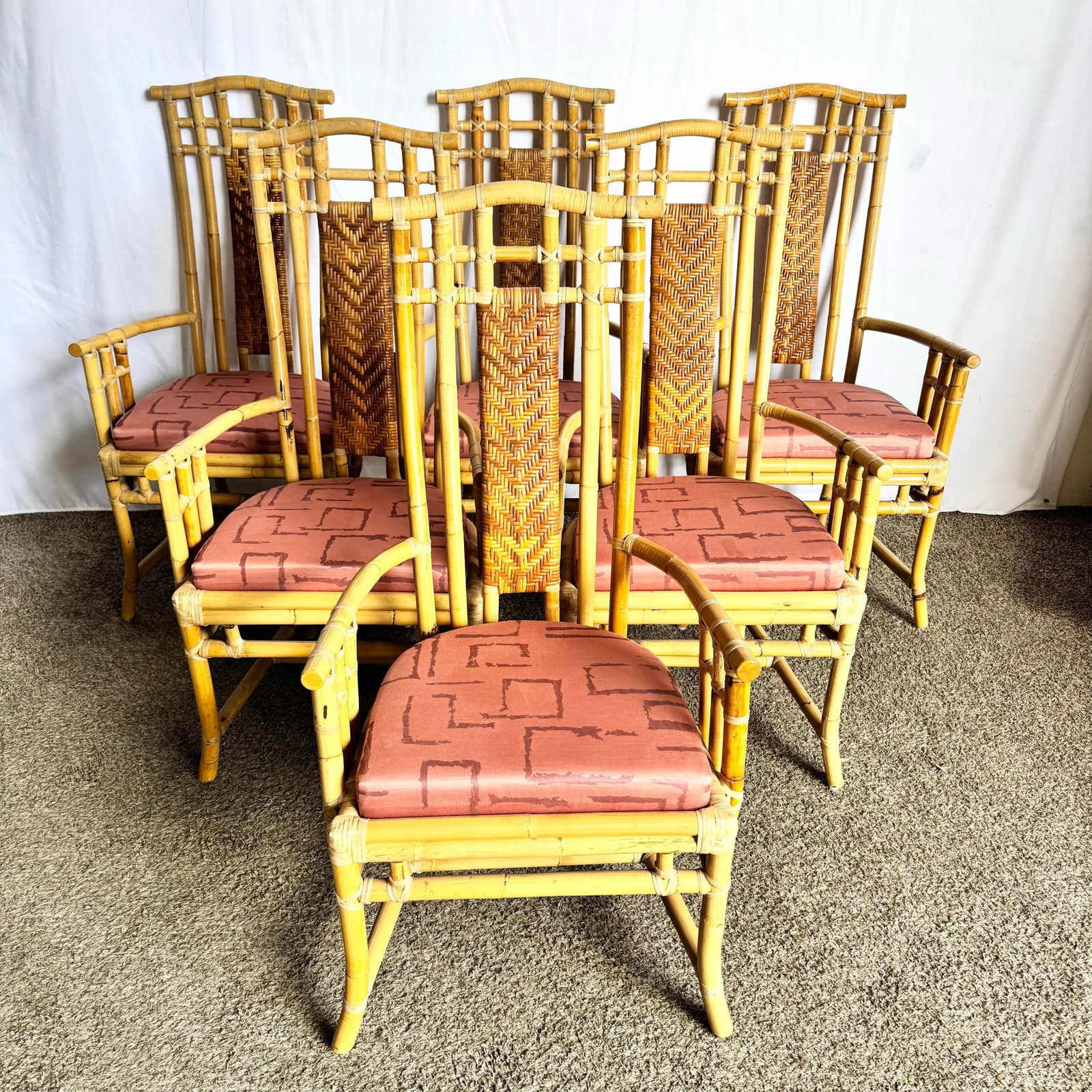 Boho Chic Rattan and Wicker High Back Dining Arm Chairs - 2
