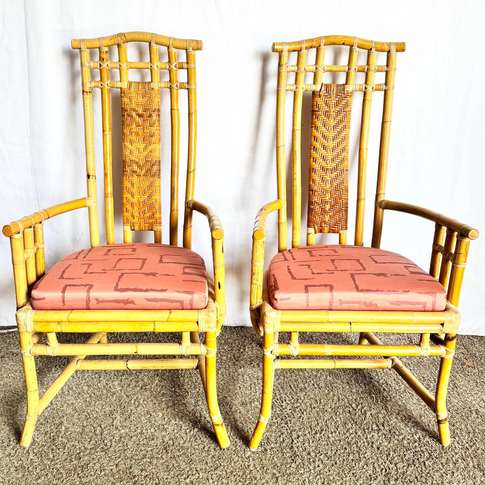 Boho Chic Rattan and Wicker High Back Dining Arm Chairs - 3
