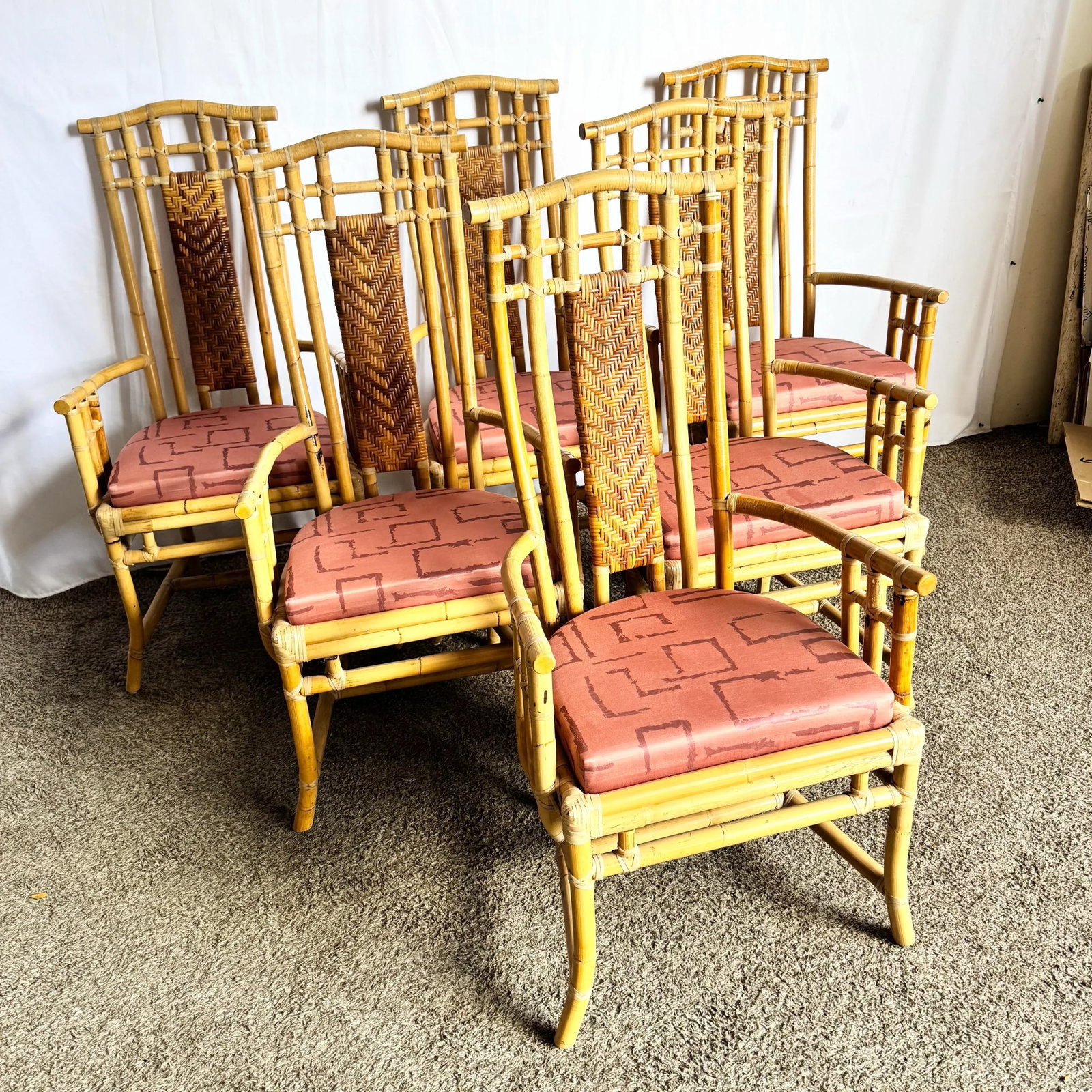 Boho Chic Rattan and Wicker High Back Dining Arm Chairs - 6