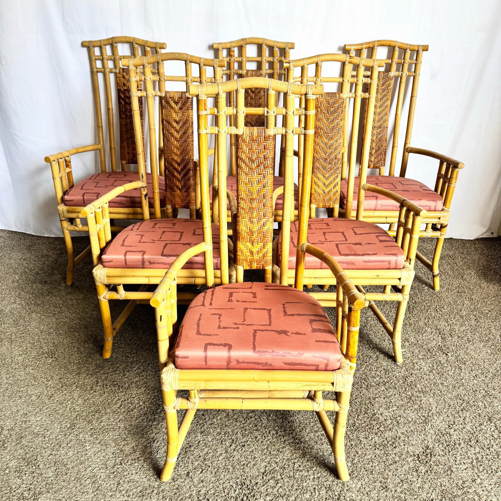 Boho Chic Rattan and Wicker High Back Dining Arm Chairs - 8