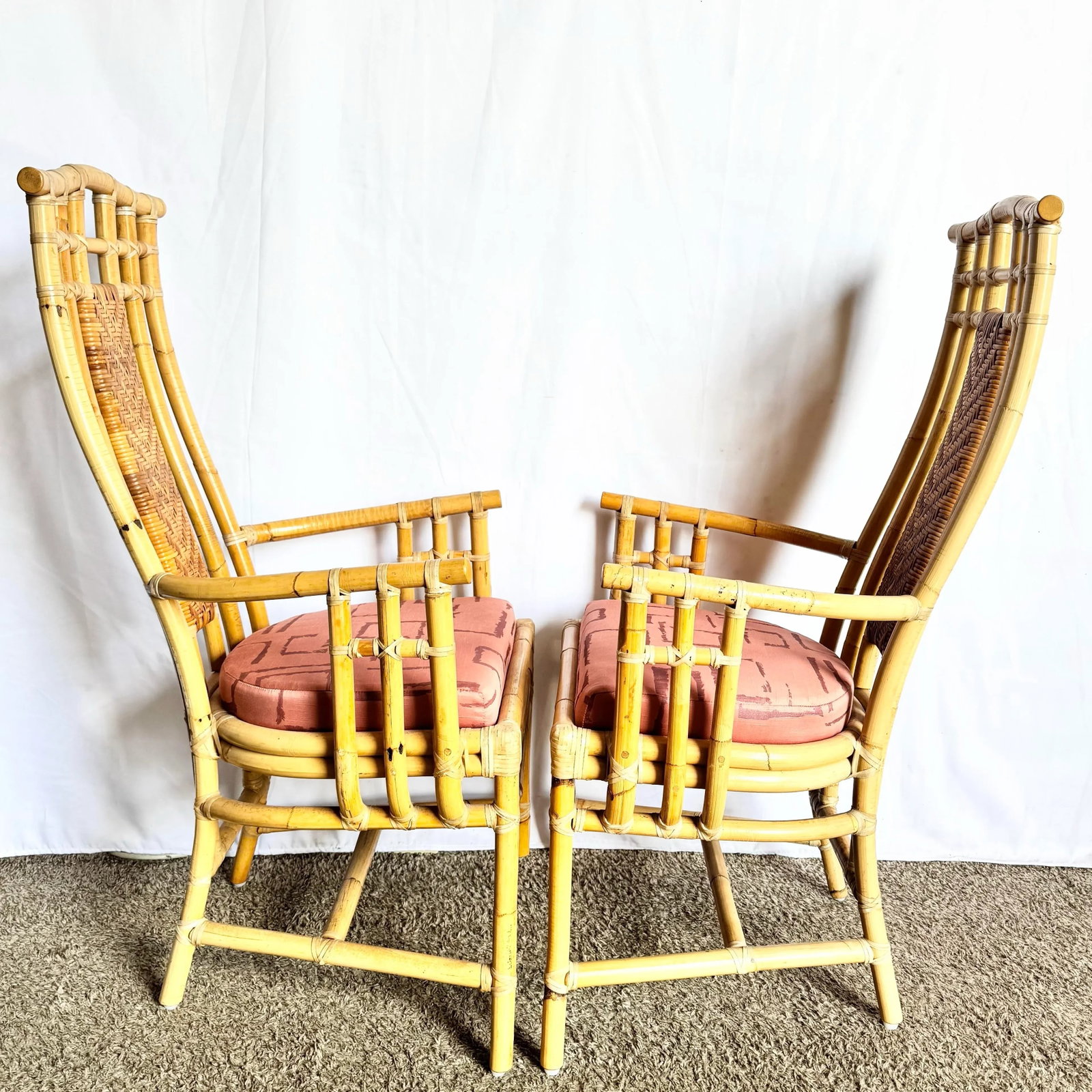 Boho Chic Rattan and Wicker High Back Dining Arm Chairs - 9