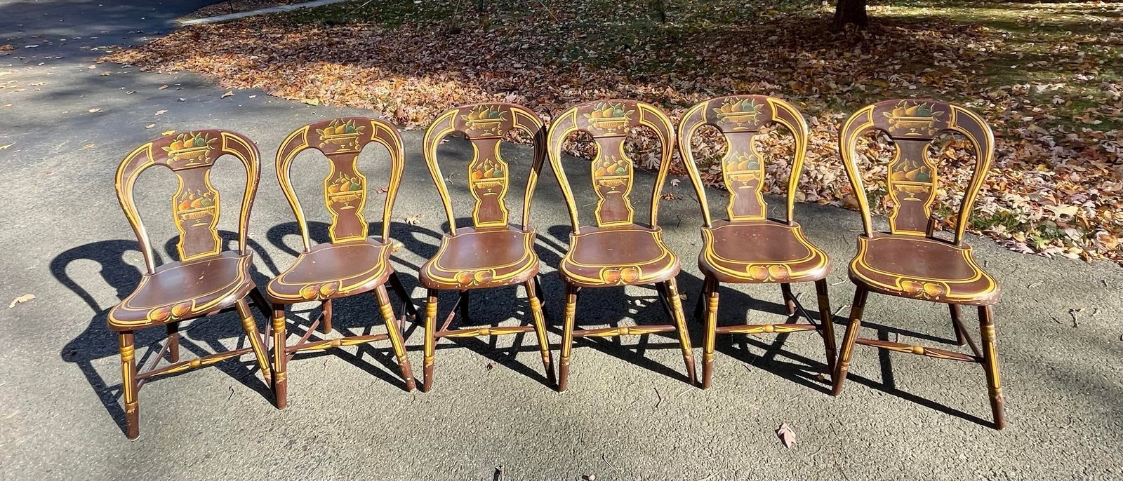 Antique Pennsylvania Balloon Back Tole Painted Chairs - Set of Six - 12