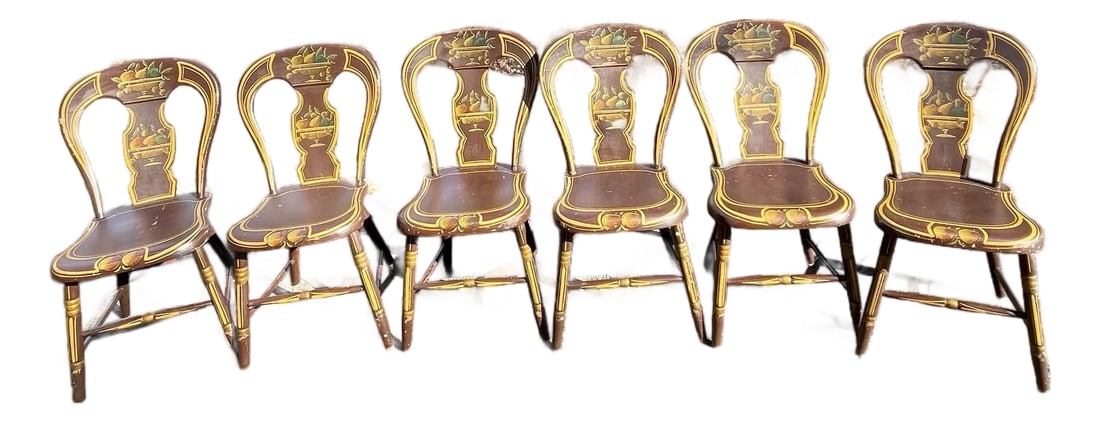Antique Pennsylvania Balloon Back Tole Painted Chairs - Set of Six: Elevate your dining space with this exquisite set of six mid-19th-century Pennsylvania folk art chairs direct from the heart of Amish country in Lancaster county. Each chair is a testament to