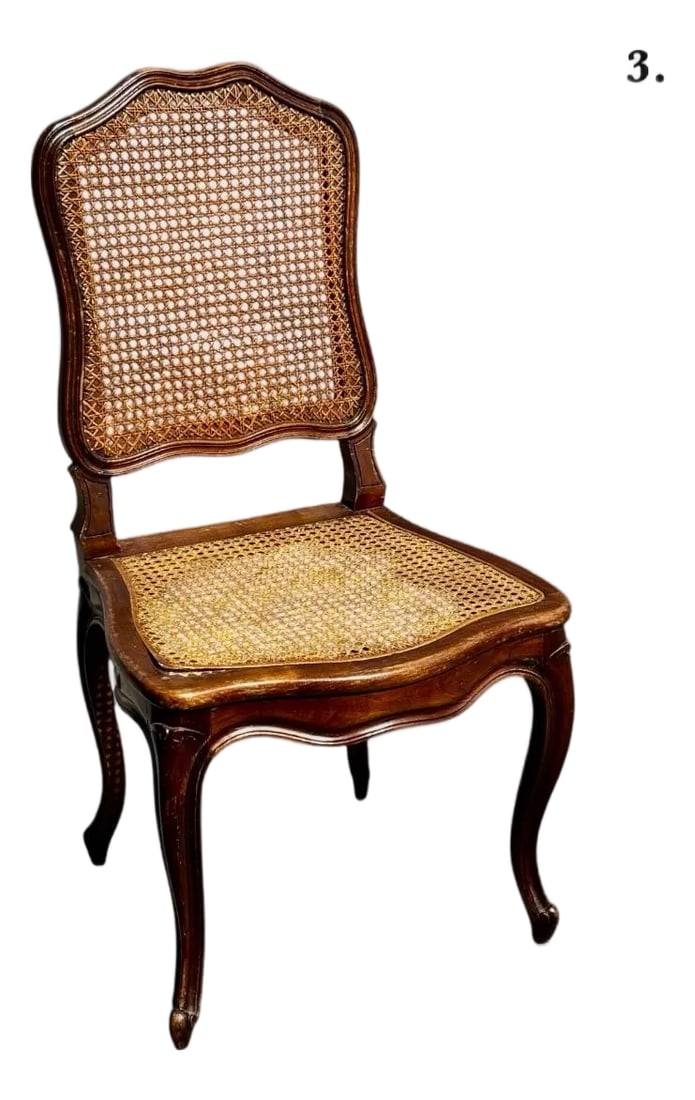 Set of 4 Mid 20th Century French Louis XV Style Walnut Caned Dining Chairs - Handwoven Cane Seats &: Elegant and timeless, these chairs feature shaped crest rails, graceful cabriole legs, and handwoven cane panels throughout. The warm walnut frames showcase beautiful grain and patina, while the airy 