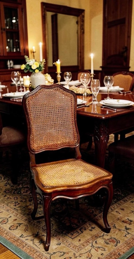 Set of 4 Mid 20th Century French Louis XV Style Walnut Caned Dining Chairs - Handwoven Cane Seats & - 2