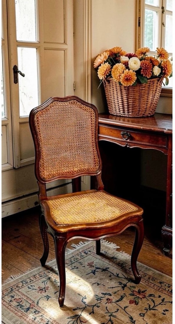 Set of 4 Mid 20th Century French Louis XV Style Walnut Caned Dining Chairs - Handwoven Cane Seats & - 6