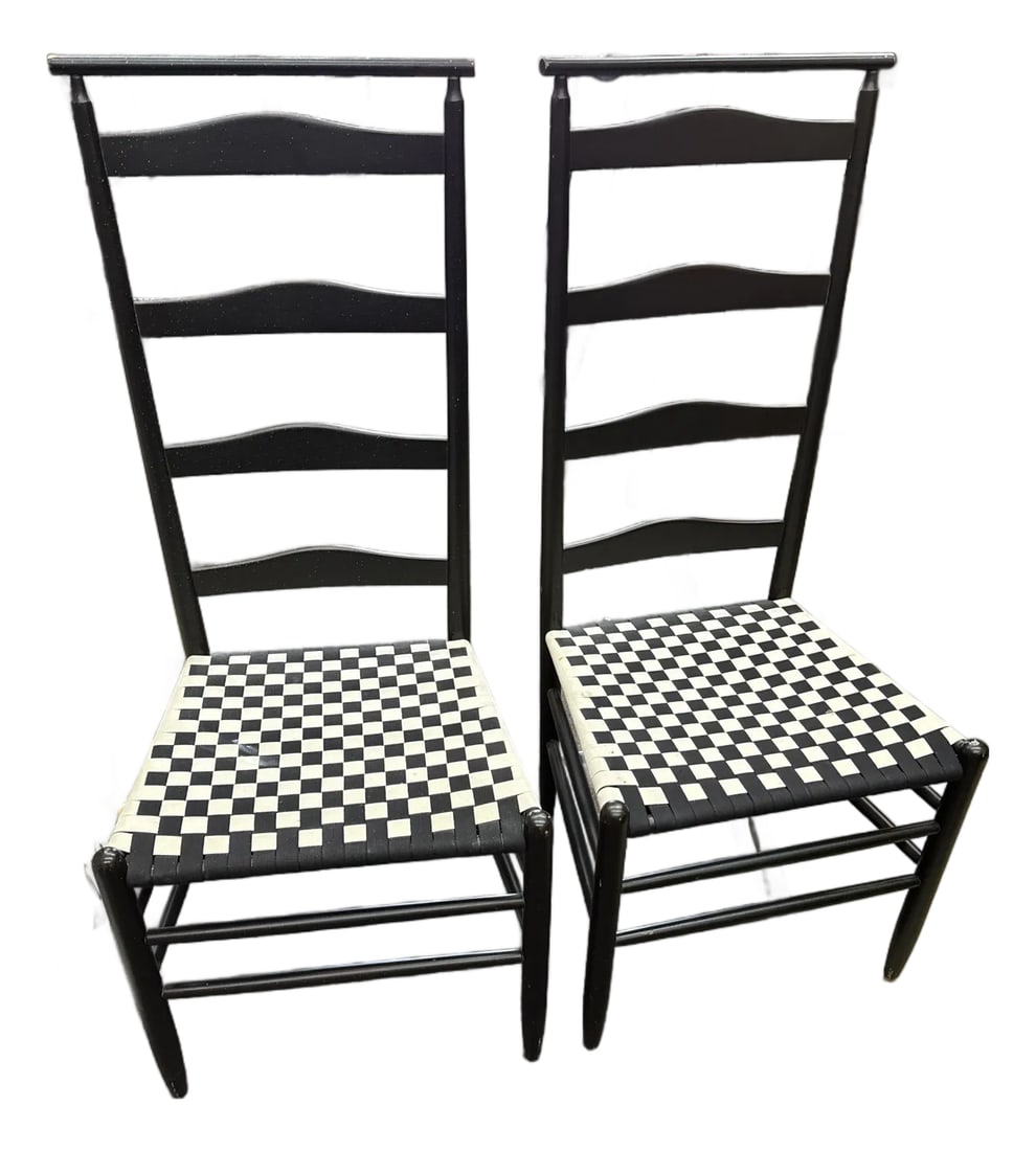 1950s Chiavari Wood Tall Back Mid Century Chairs: Fantastic pair of Chiavari wood tall back chairs. Original black and white checker board pattern canvas seats with lacquered wood frame. Early label on bottom. Condition: Alterations: Original