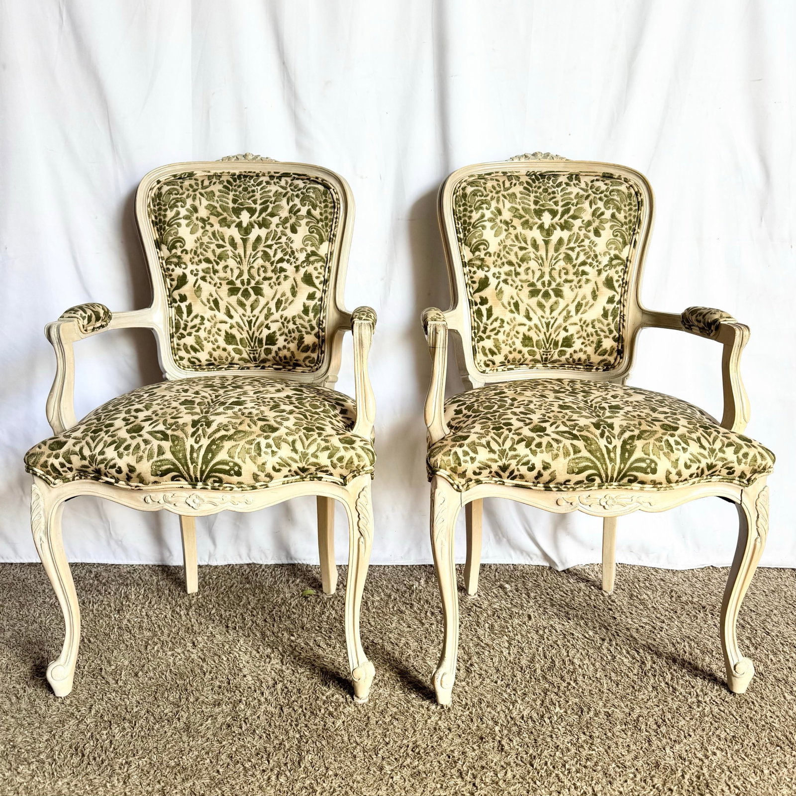 French Provincial Style Foliage Patterned Arm Chairs - A Pair - 2
