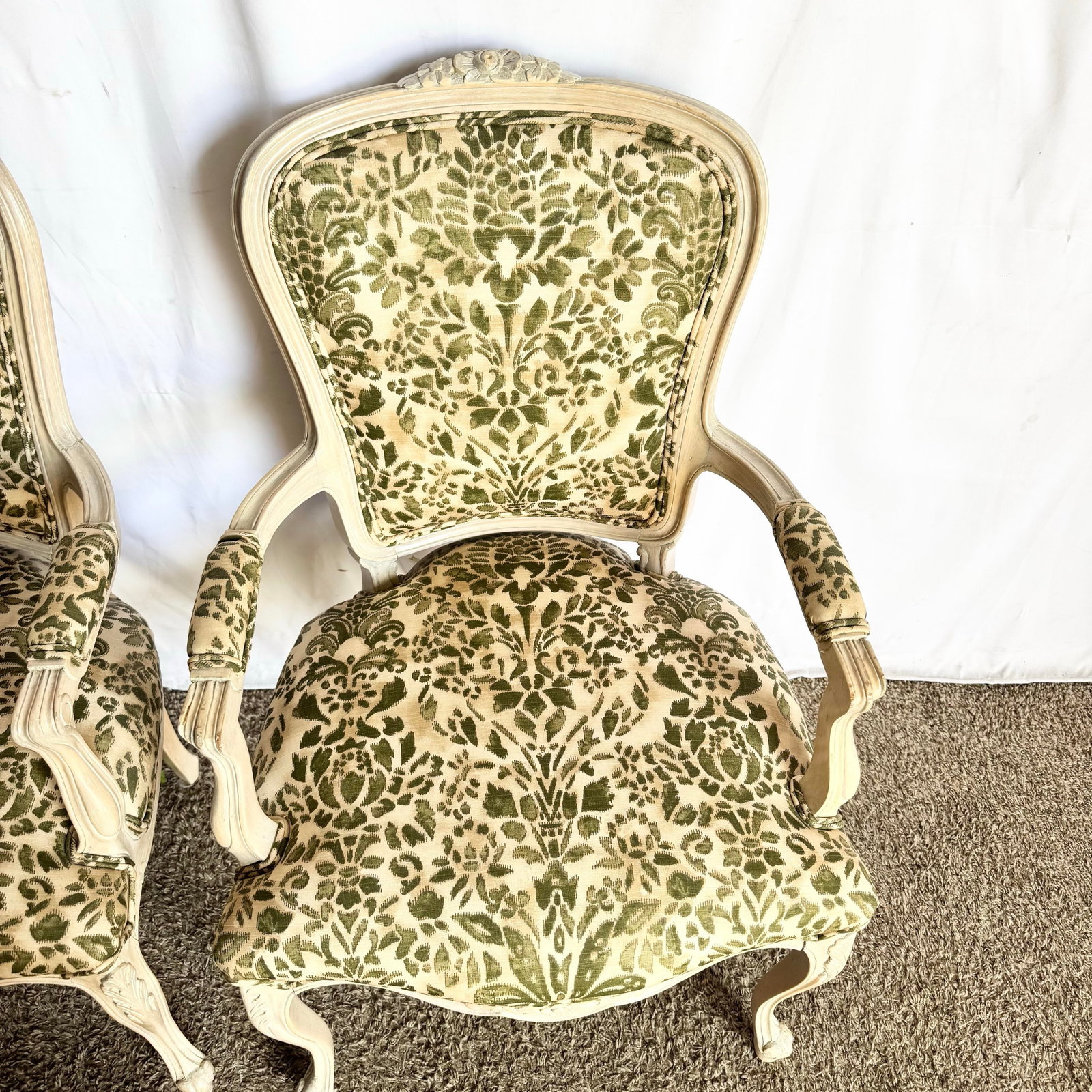 French Provincial Style Foliage Patterned Arm Chairs - A Pair - 6