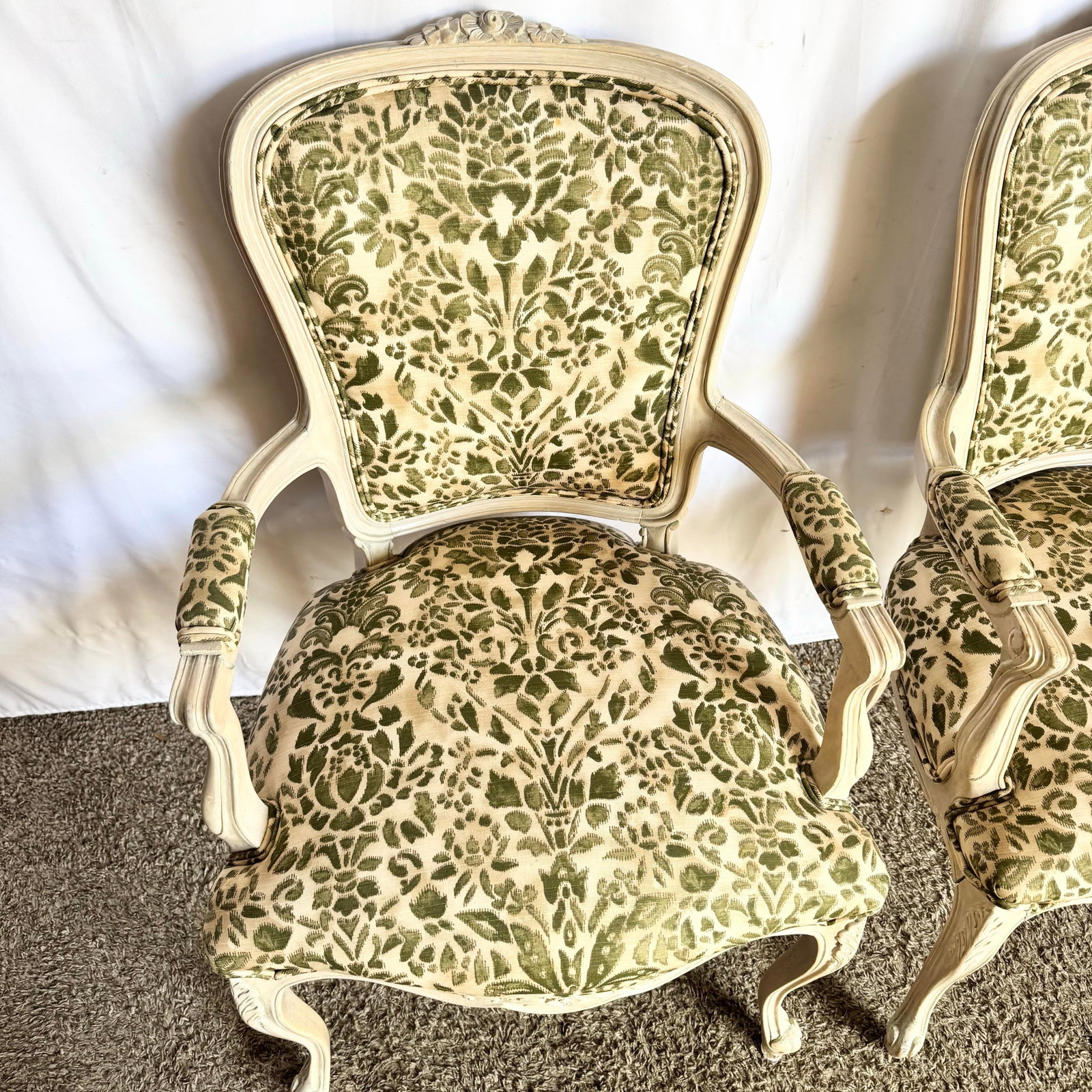 French Provincial Style Foliage Patterned Arm Chairs - A Pair - 7
