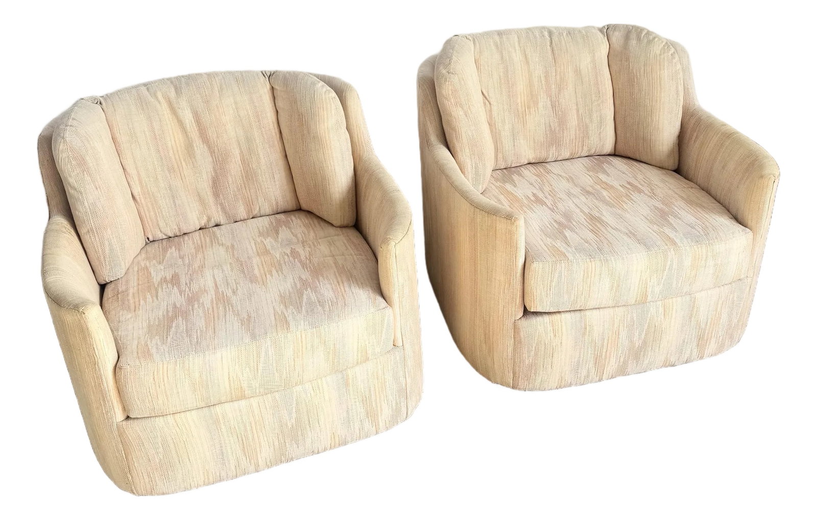 Postmodern Light Pink Sculpted Lounge Chairs by Carson's - A Pair: This striking pair of postmodern lounge chairs by Carson's captures the soft glamour and sculptural sensibility of late-20th-century design. Upholstered in a delicate light pink textile with subtle