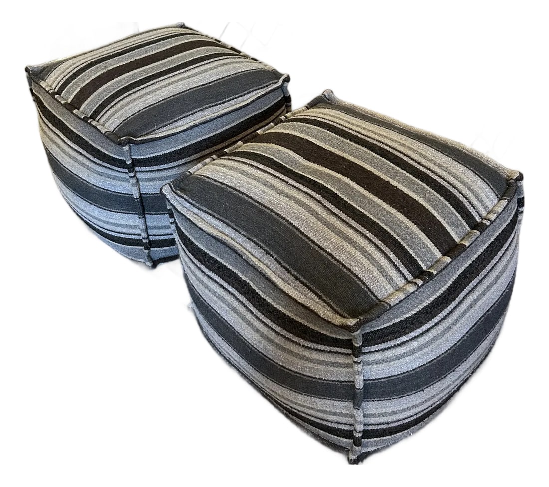 Cube Shaped Striped Upholstered Poufs: Great looking pair of Lee Industry poufs having heavy weight striped upholstery in various shades of grey. Very comfy extra seating in a room. (Duffy) Condition: Alterations: Original Condition Unalte