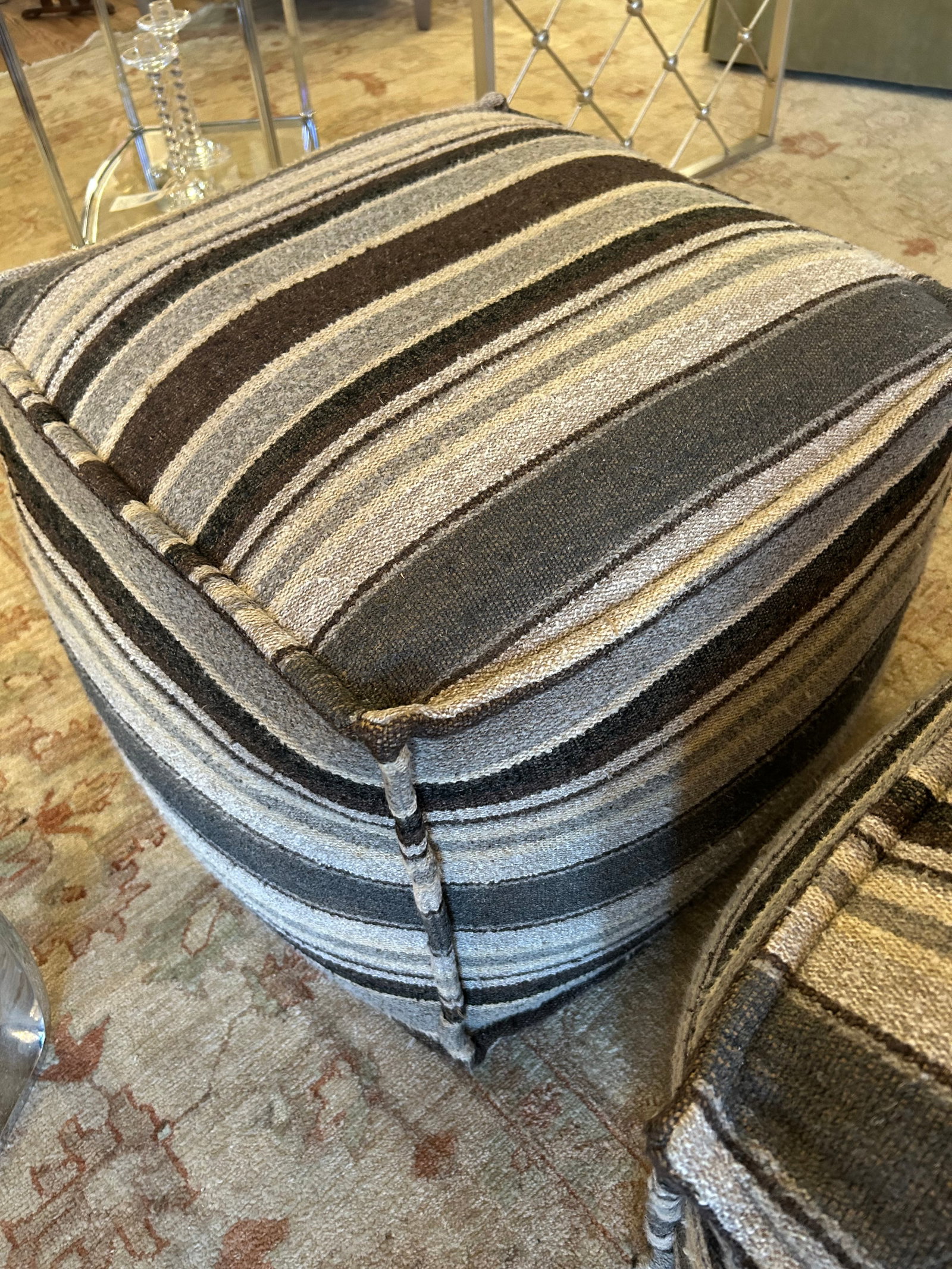 Cube Shaped Striped Upholstered Poufs - 3