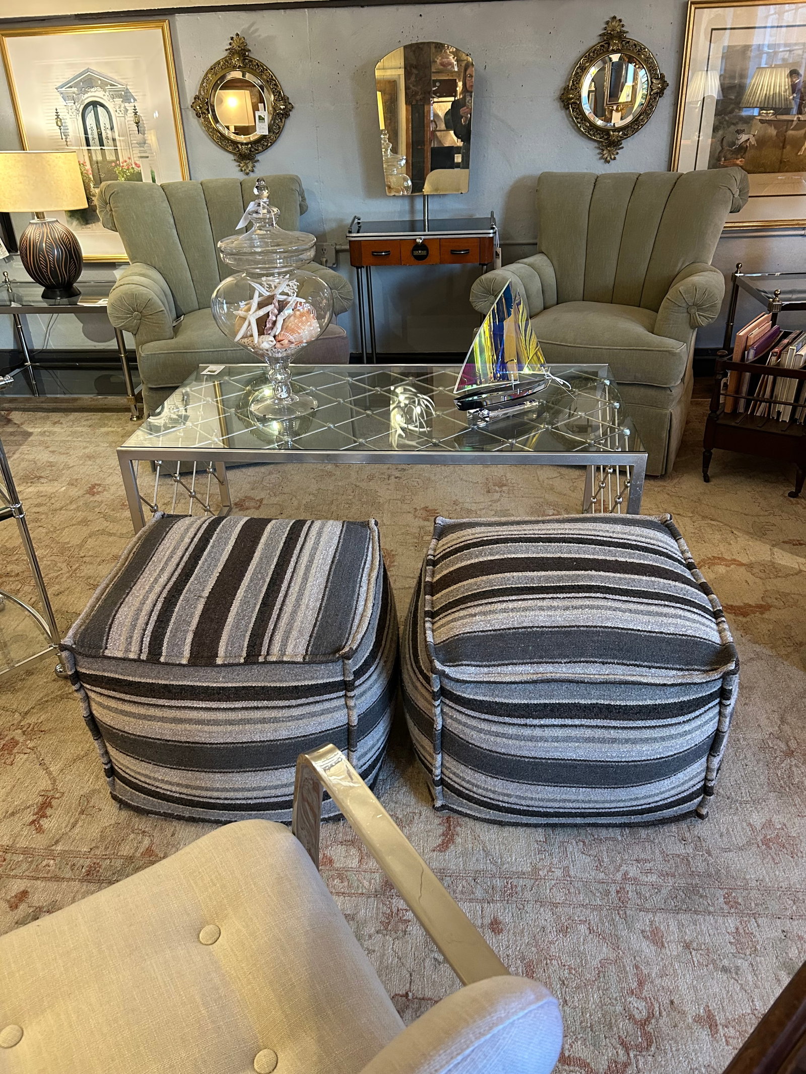 Cube Shaped Striped Upholstered Poufs - 4