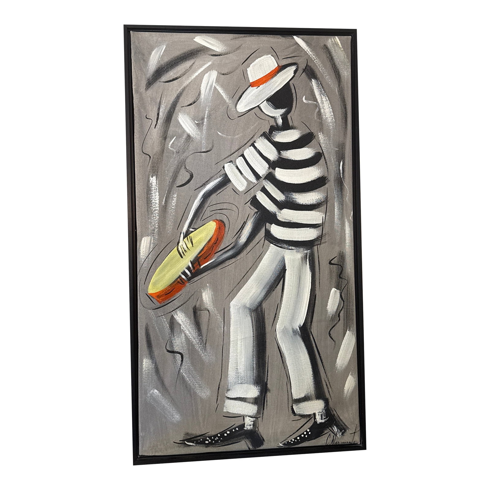 1970s Vintage Abstract Portrait Painting: This is a unique and creative painting of a man holding a tambourine , The artwork is done in a black and white style, with the man's outfit featuring a striped shirt and a hat. The musical