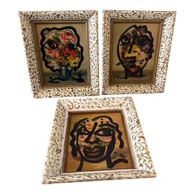 Set of 3 Original Vintage Peter Robert Keil Abstract Expressionist Face Paintings in Ornate Frames