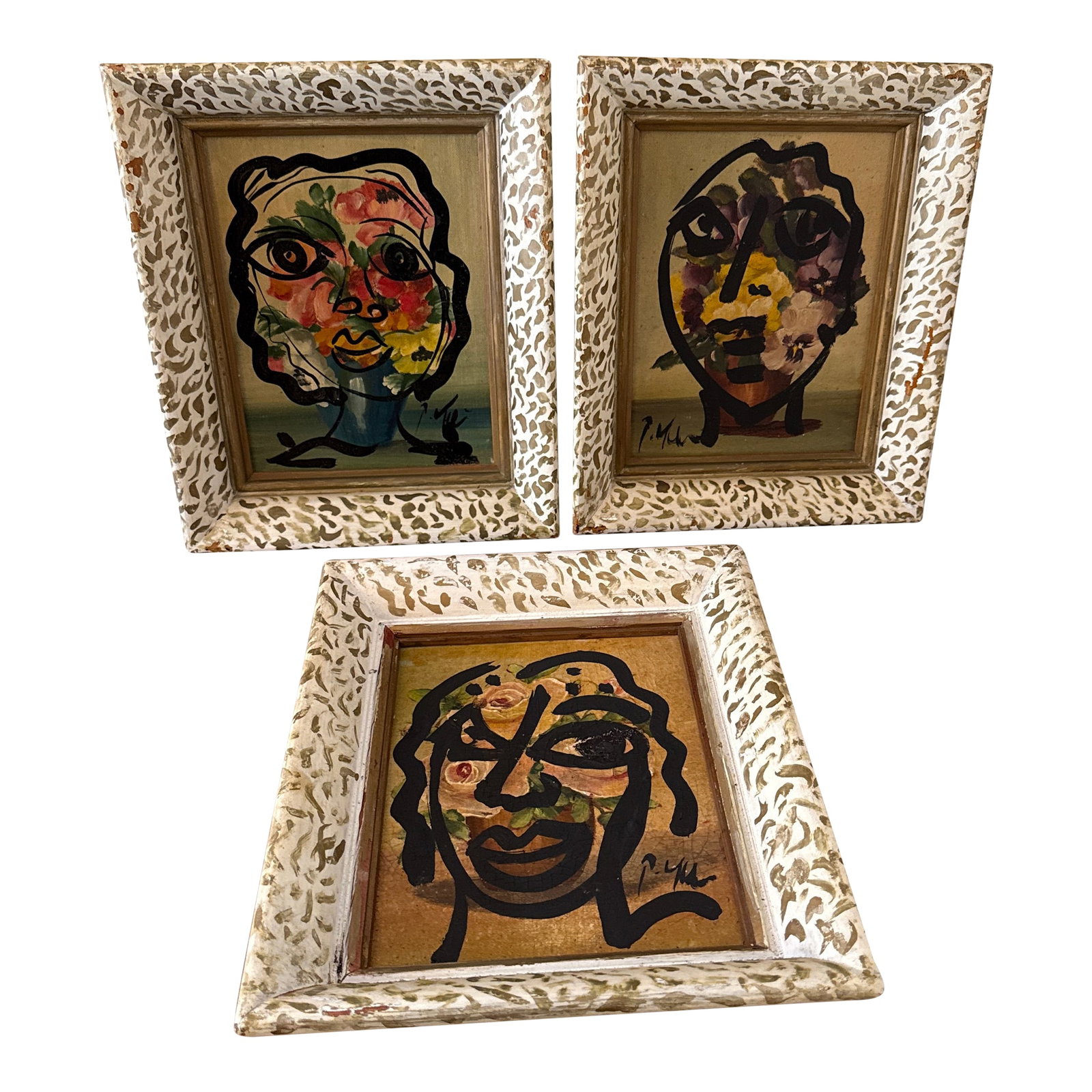 Set of 3 Original Vintage Peter Robert Keil Abstract Expressionist Face Paintings in Ornate Frames: A striking collection of three original artworks by the renowned German-American neo-expressionist artist Peter Robert Keil (b. 1942). Each piece is a unique, hand-painted portrait executed with bold