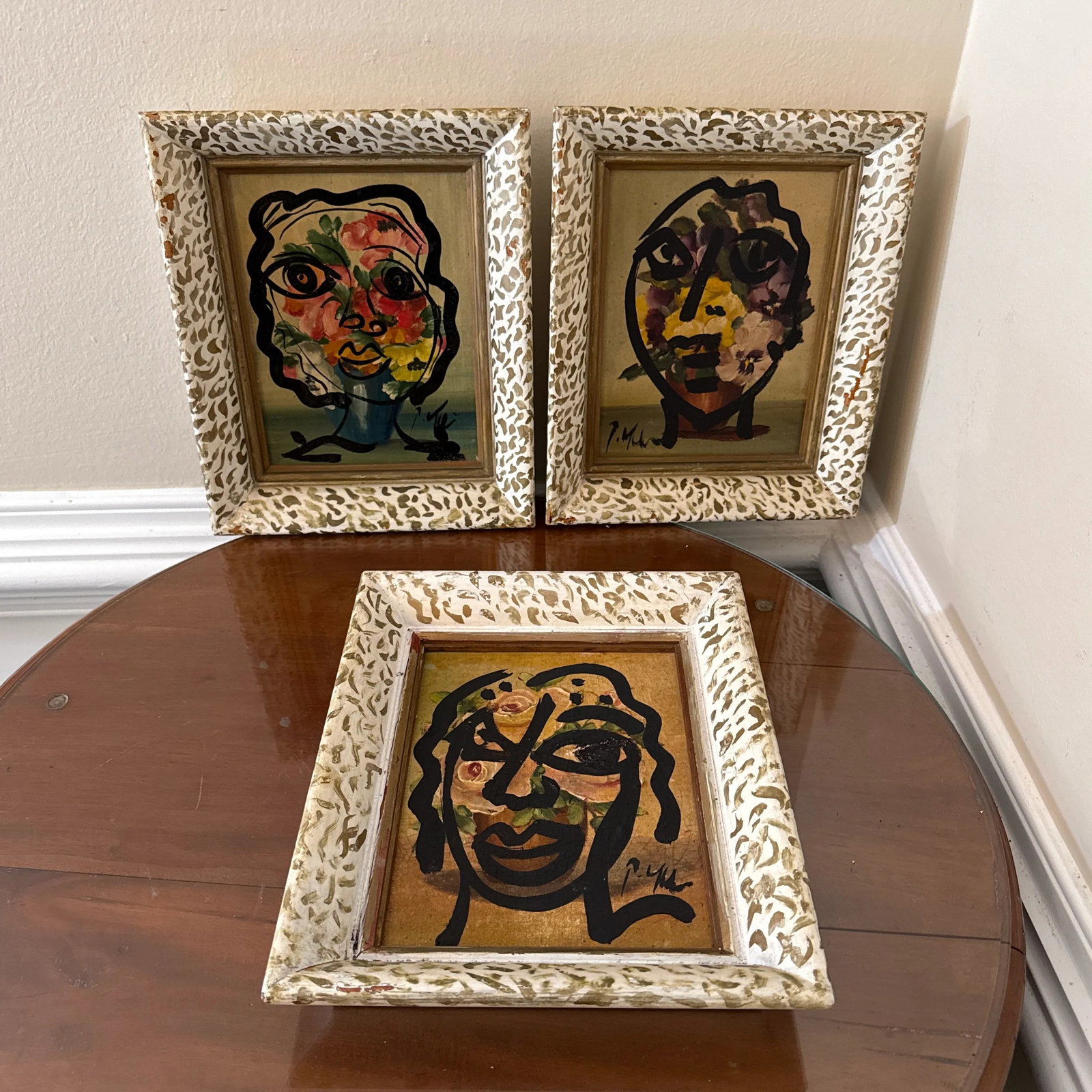 Set of 3 Original Vintage Peter Robert Keil Abstract Expressionist Face Paintings in Ornate Frames - 2