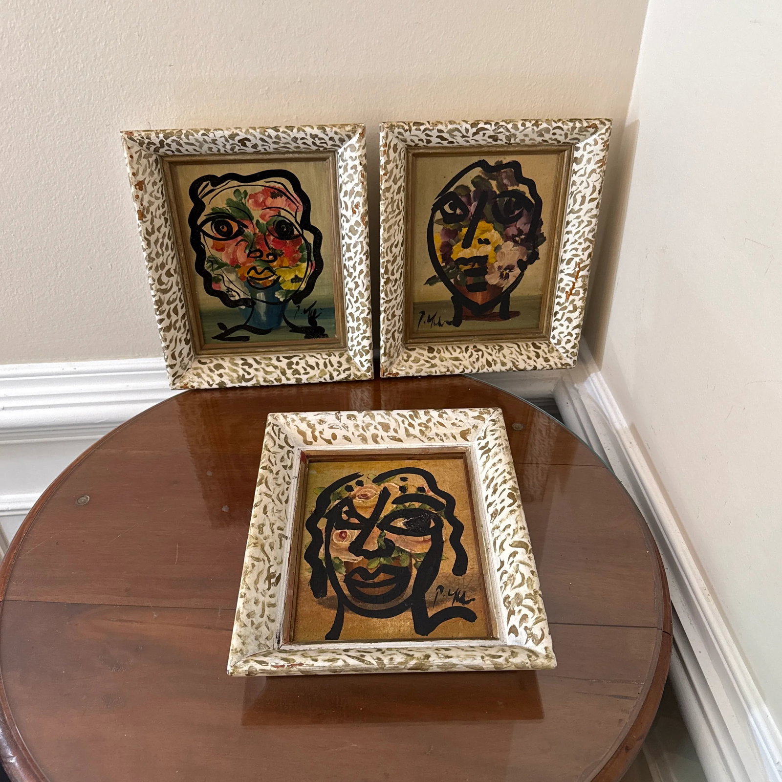 Set of 3 Original Vintage Peter Robert Keil Abstract Expressionist Face Paintings in Ornate Frames - 7