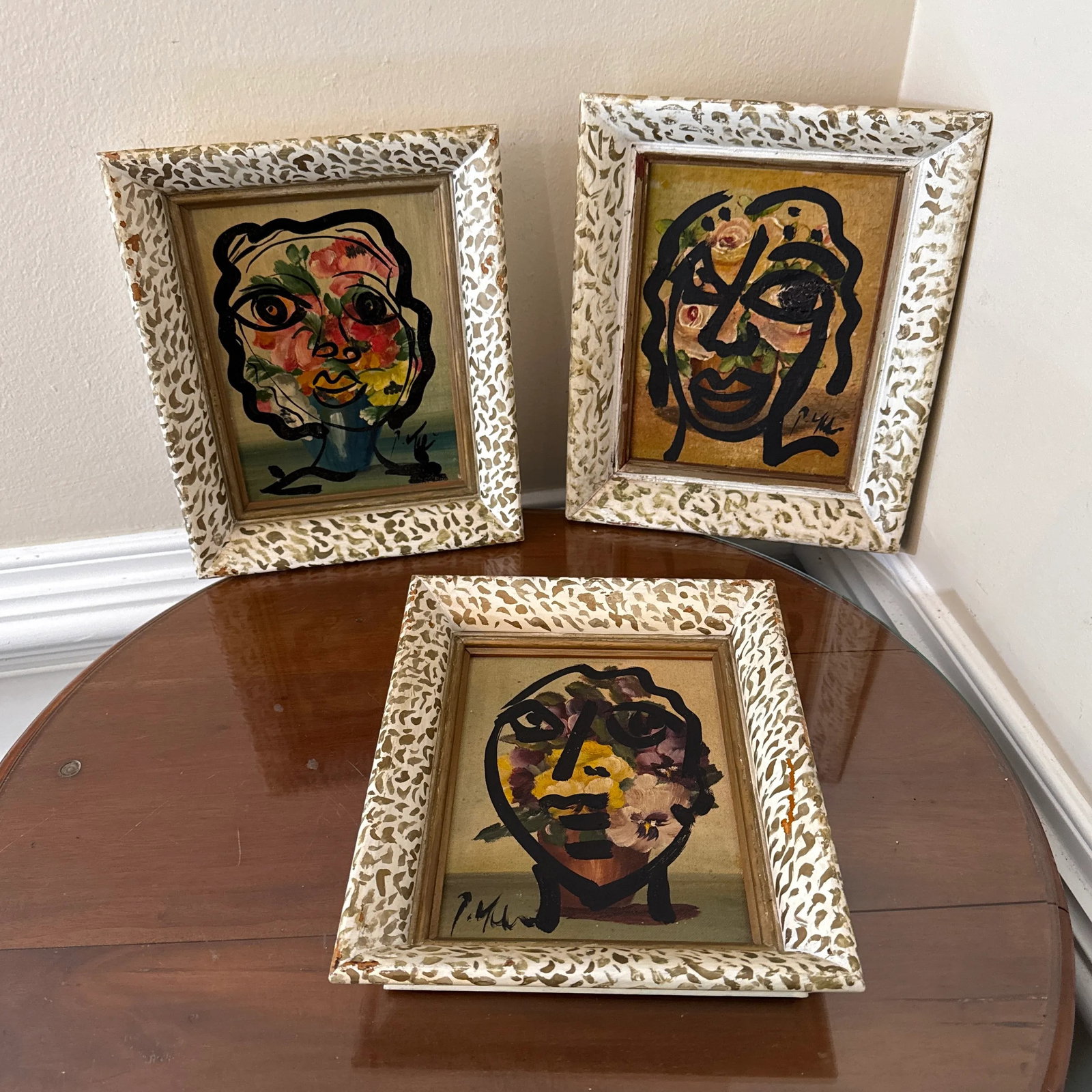 Set of 3 Original Vintage Peter Robert Keil Abstract Expressionist Face Paintings in Ornate Frames - 8