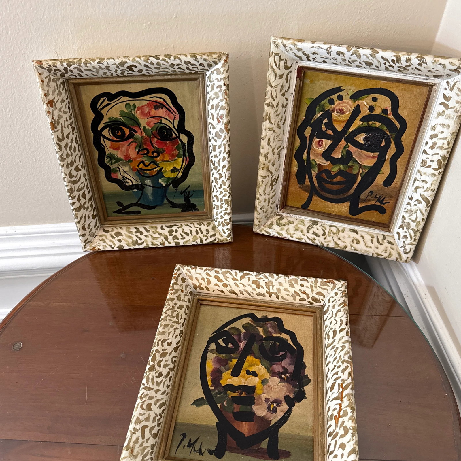 Set of 3 Original Vintage Peter Robert Keil Abstract Expressionist Face Paintings in Ornate Frames - 9