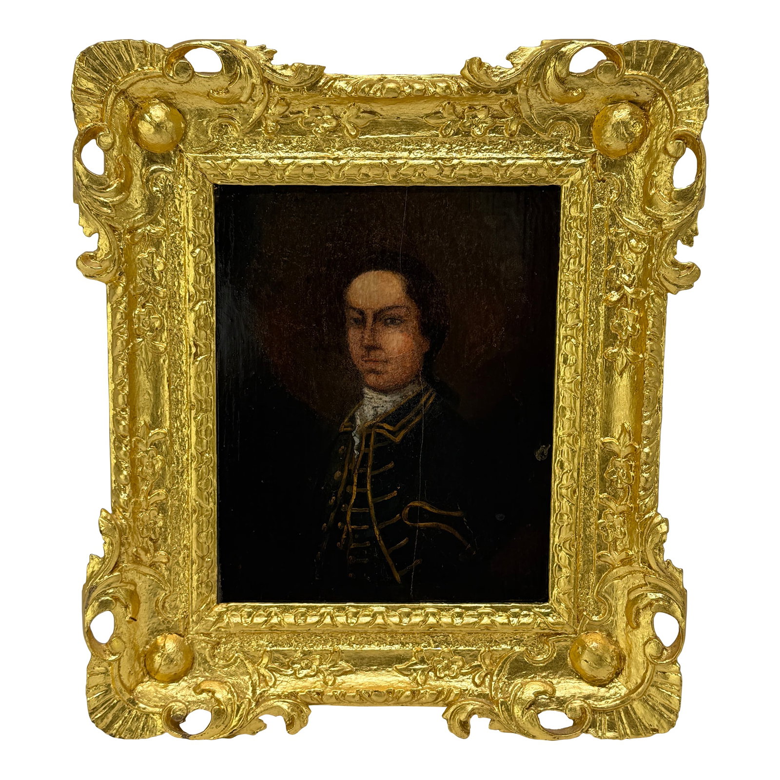 Unidentified Young Officer, British School, C. 1750-1780: A bust-length oil portrait of a young man, likely dating to the mid-18th century (circa 1750-1780), depicting a distinguished officer or gentleman. He wears a dark, richly braided coat with gold
