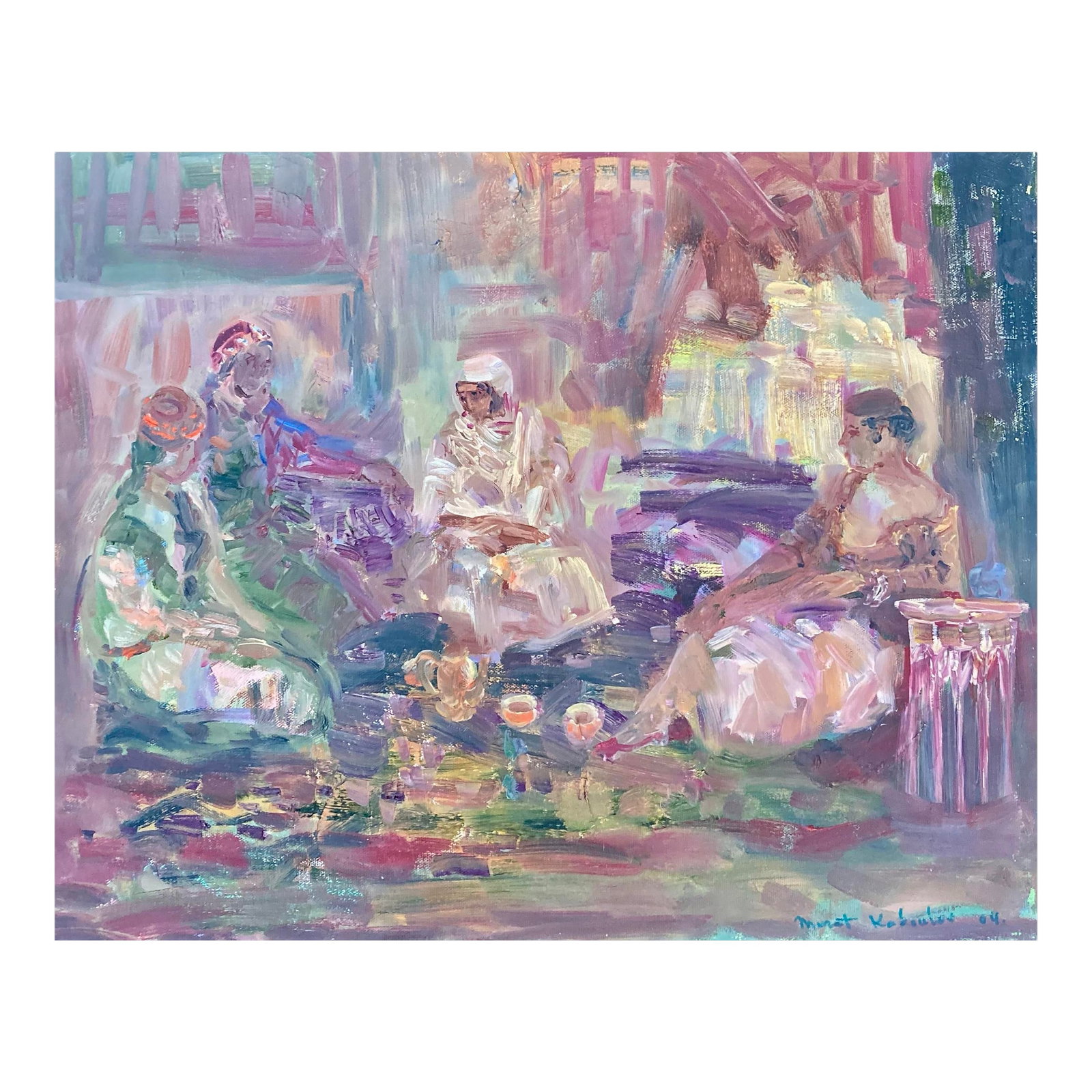 Vintage Oil Painting of Moroccan Women Having Tea by Murat Kaboulov 1939-2010: Vintage genre painting of Moroccan women. Beautiful color palette and expressive dynamic brush strokes make this painting unique. Signed and dated lower right and verso. Unframed Condition: