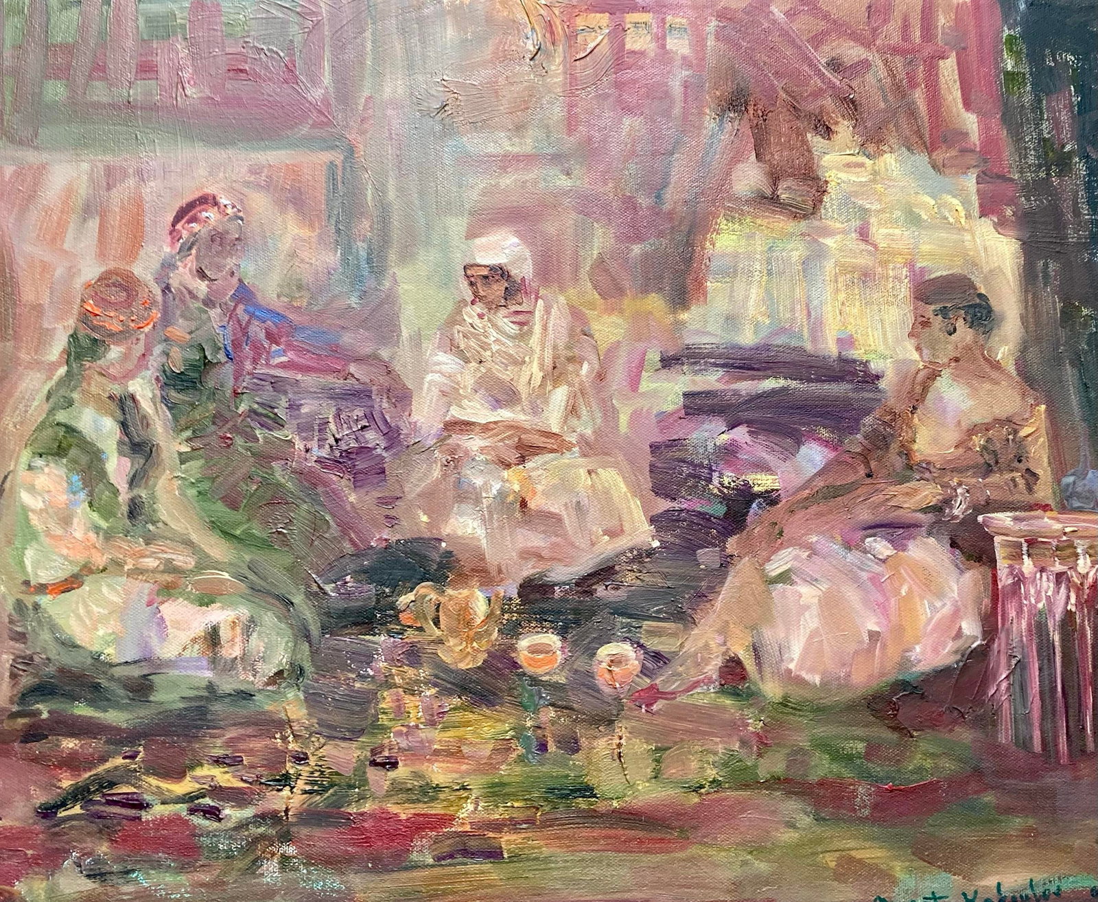 Vintage Oil Painting of Moroccan Women Having Tea by Murat Kaboulov 1939-2010 - 2