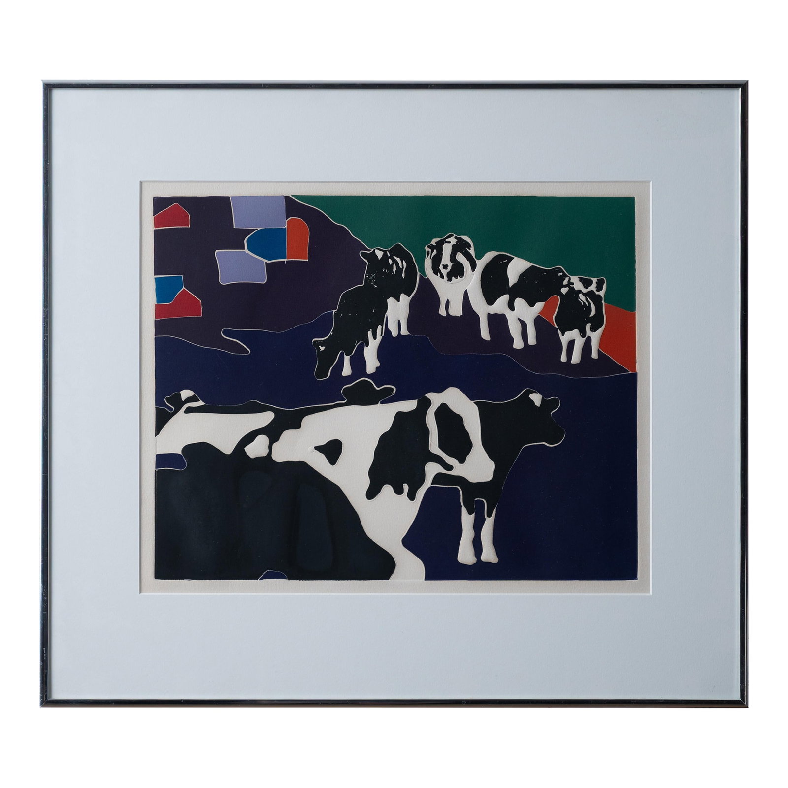 Woody Jackson Ben Jerry's Holstein Cows Lithograph: Woody Jackson (Vermont) A Woody Jackson lithograph of Holstein cows, unsigned. Jackson was the artist for Ben & Jerry's. sight: 12 3/4 by 15 3/4 inches frame: 19 1/2 by 22 inches Condition: Al