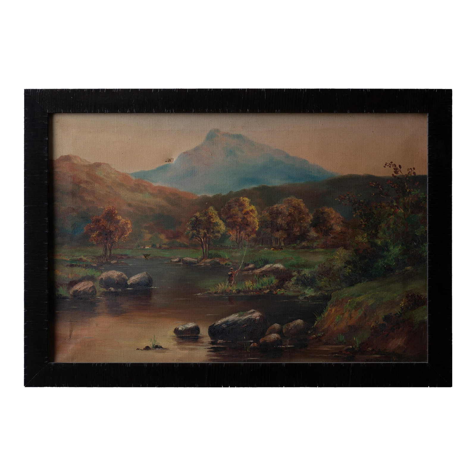 Flyfishing Landscape - h.l. Plummer, 1919: H.L. Plummer An oil on canvas landscape painting depicting a fly fisherman in a mountain stream. Signed H.L. Plummer and dated 1919 canvas: 16 by 24 inches frame: 26 1/2 by 18 1/2 inches Condition: