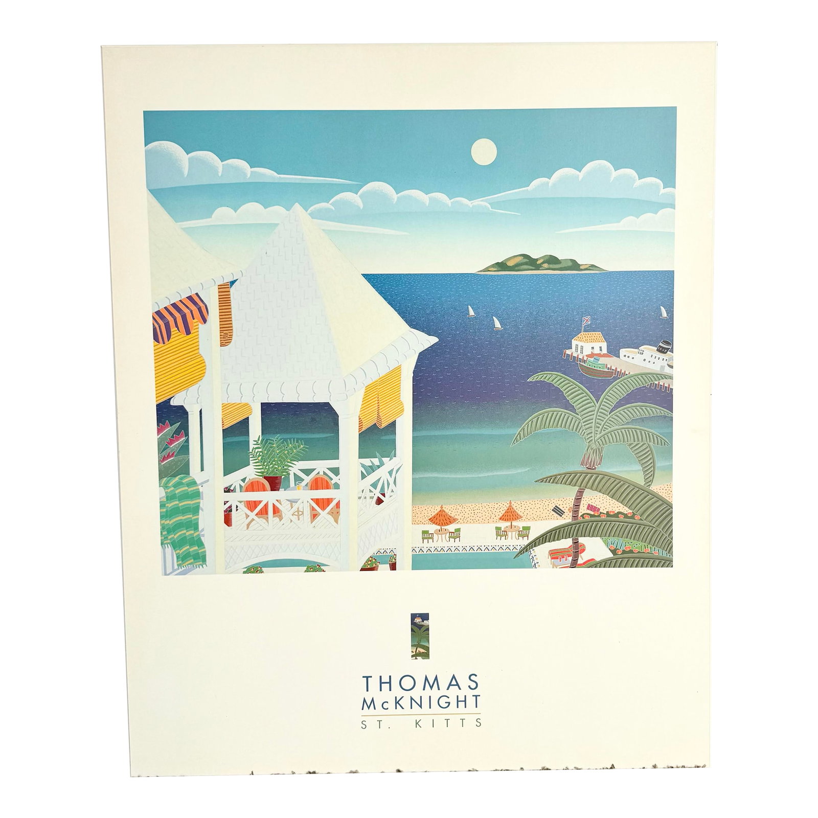 Vintage Thomas McKnight St. Kitts Print on Wood Board: This vintage St. Kitts print by renowned artist Thomas McKnight captures a serene Caribbean scene overlooking turquoise waters and sunlit verandas. Printed and mounted on a sturdy wood board by