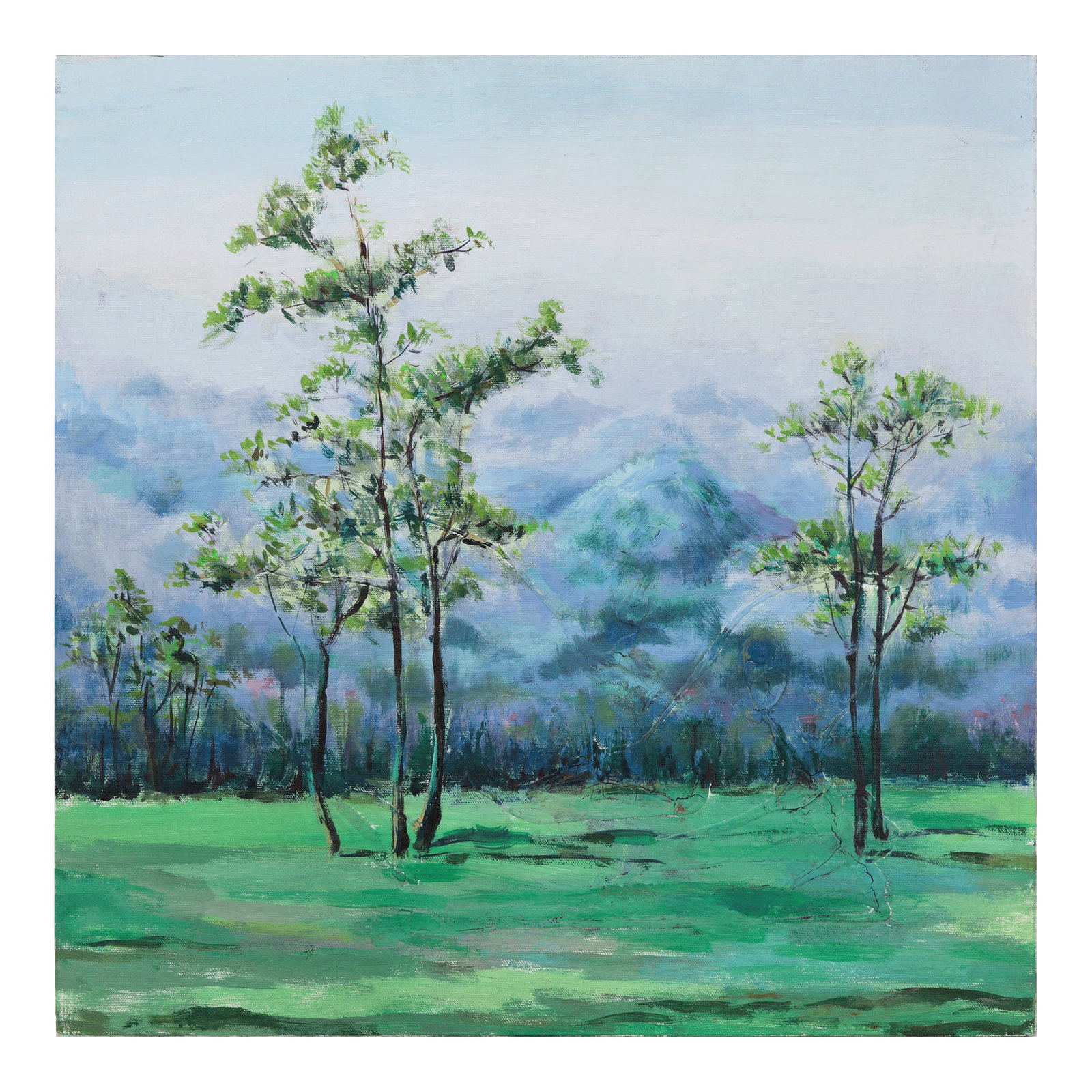 Impressionist Landscape Oil Painting - Misty Blue Mountains and Green Meadow: This serene original impressionist landscape painting captures a tranquil nature scene, featuring slender, wind-swept trees standing in a vibrant green meadow. The background is dominated by a range