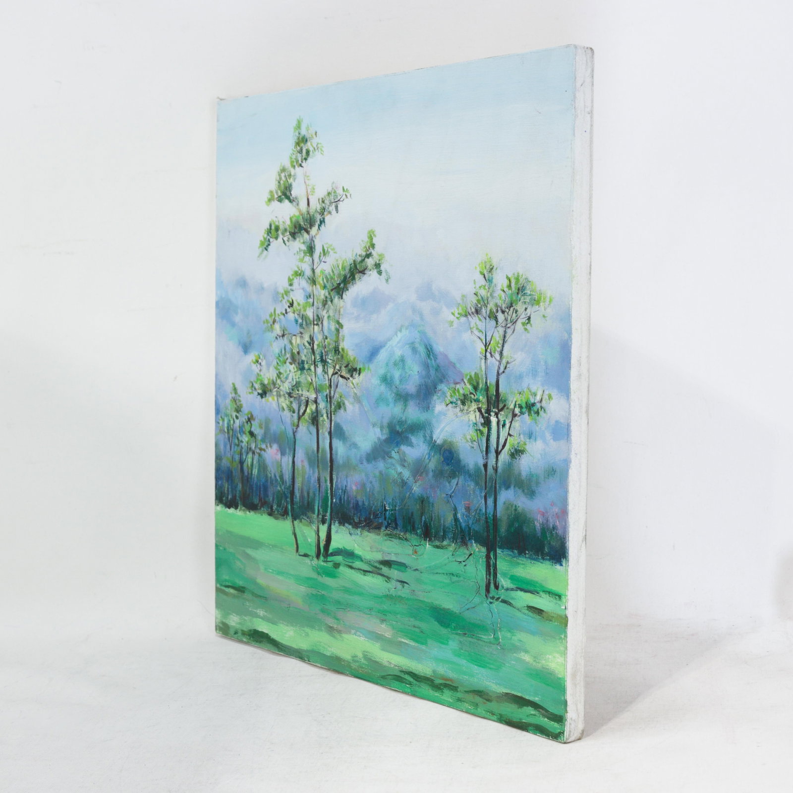Impressionist Landscape Oil Painting - Misty Blue Mountains and Green Meadow - 2