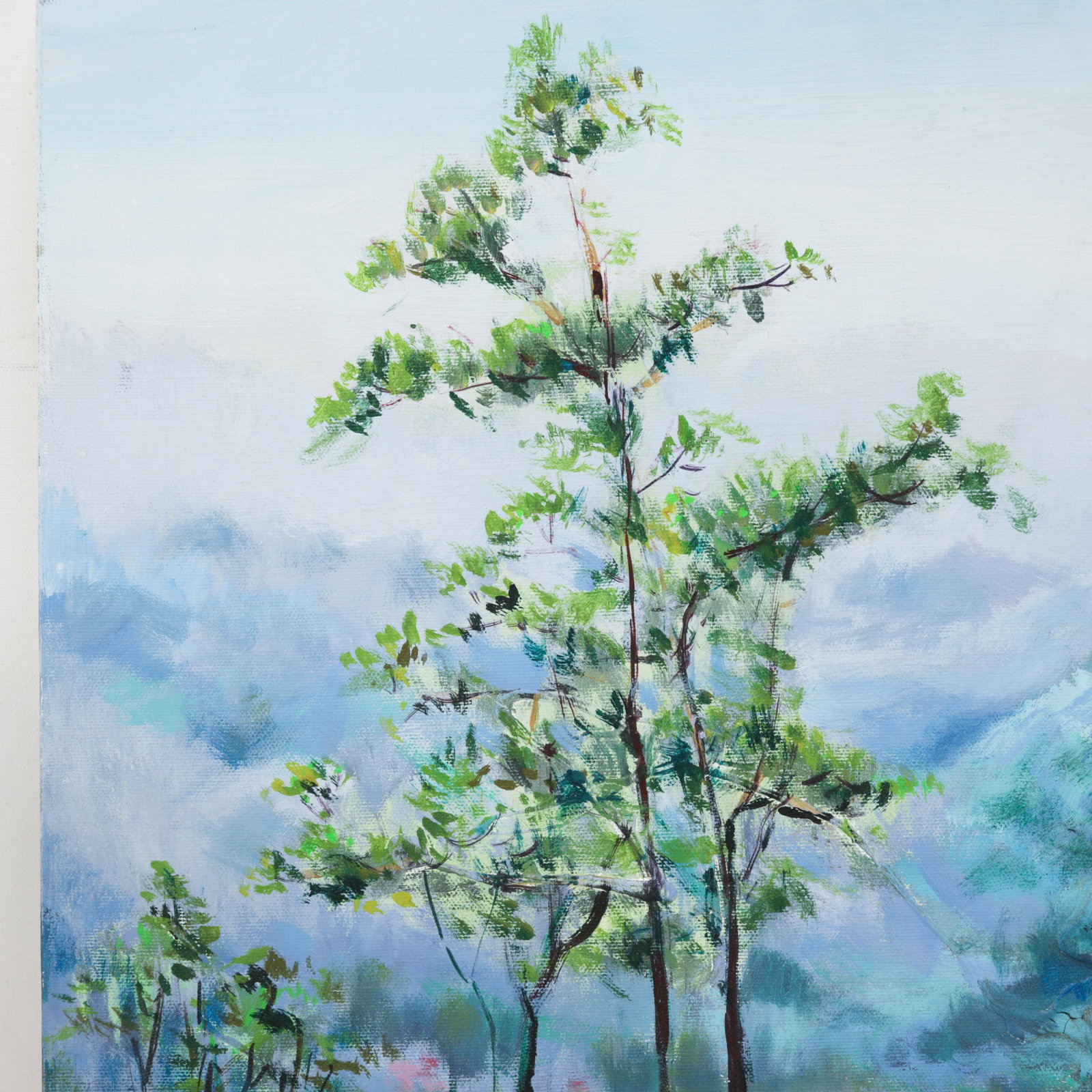 Impressionist Landscape Oil Painting - Misty Blue Mountains and Green Meadow - 3