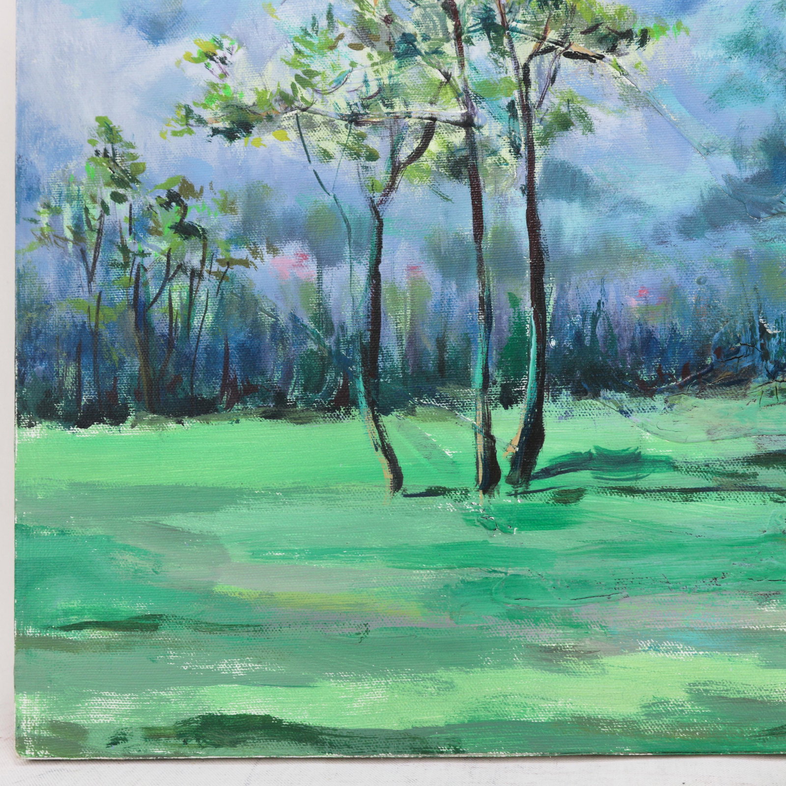 Impressionist Landscape Oil Painting - Misty Blue Mountains and Green Meadow - 4