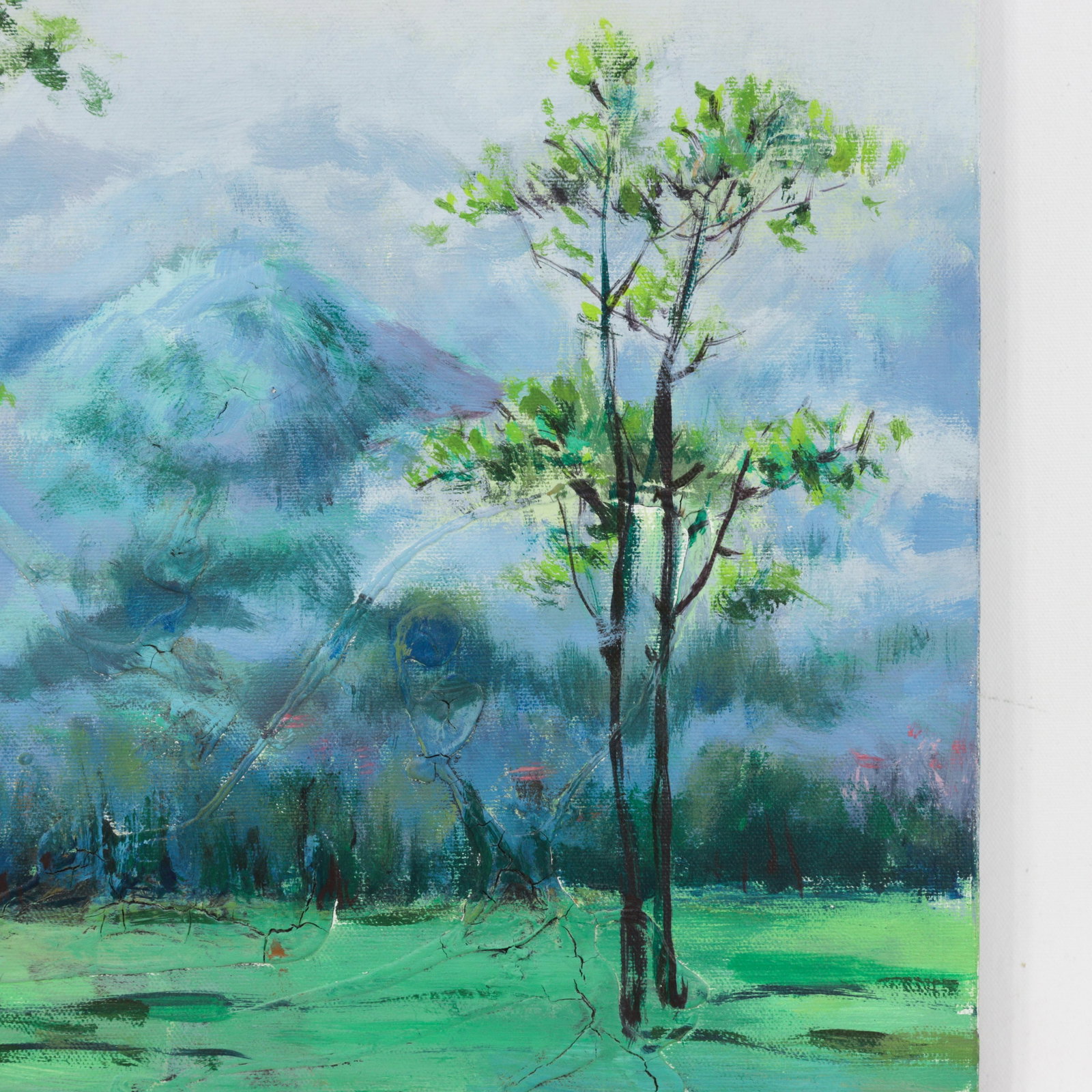 Impressionist Landscape Oil Painting - Misty Blue Mountains and Green Meadow - 5